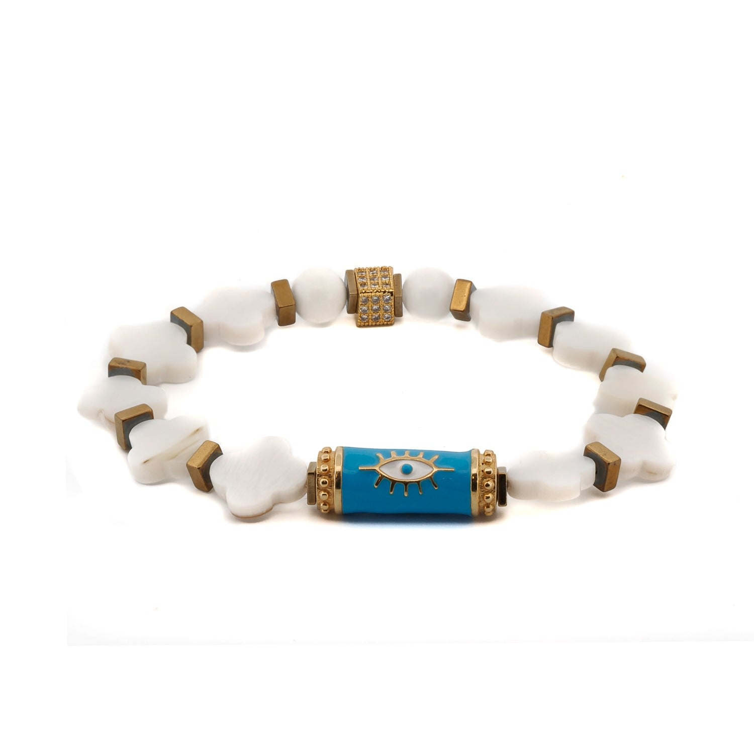 Women’s Blue / White / Gold Turquoise Evil Eye White Clover Good Luck Beaded Bracelet - White Ebru Jewelry