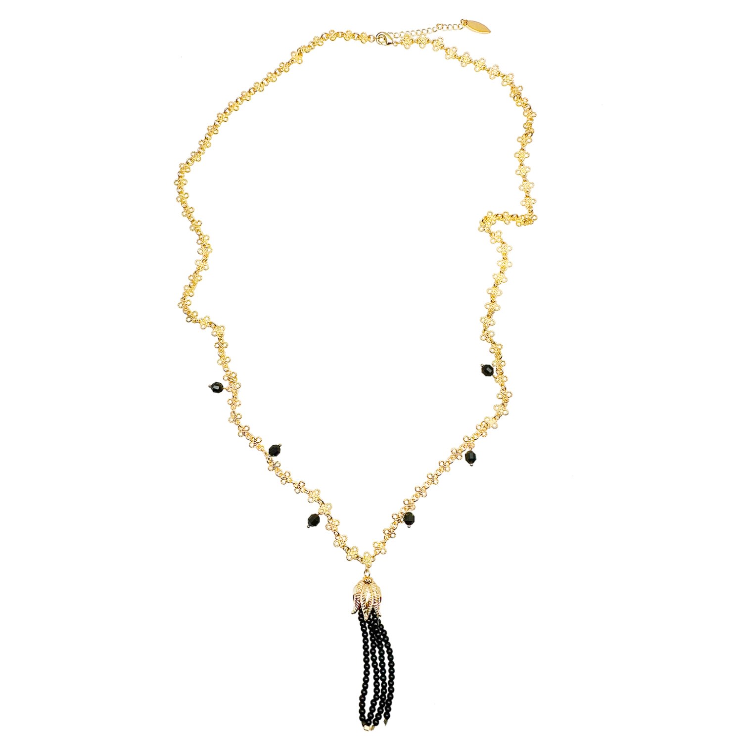 Farra Women's Gold / Black Chain With Black Obsidian Tassel Necklace