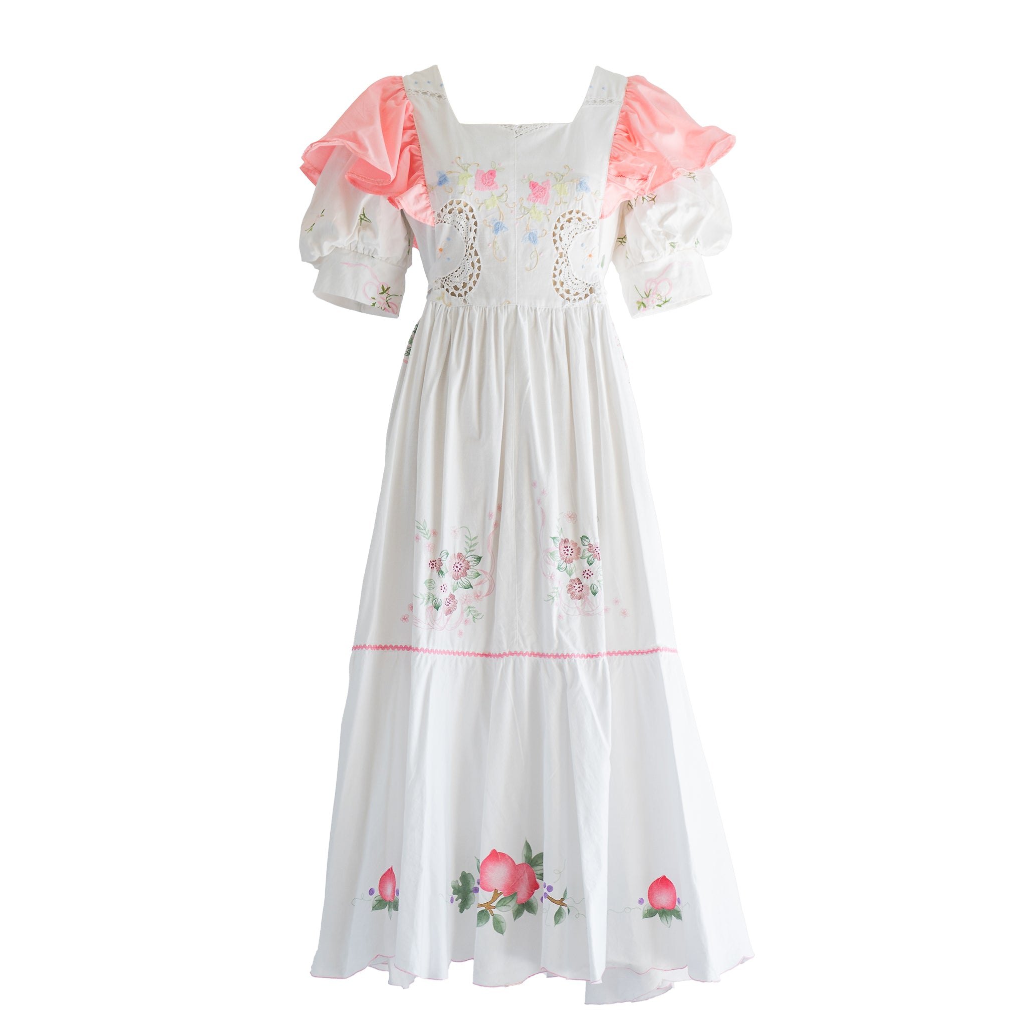 Sugar Cream Vintage Women's Re-design Upcycled Square Neck Peach Ruffles White Maxi Dress In Orange/white