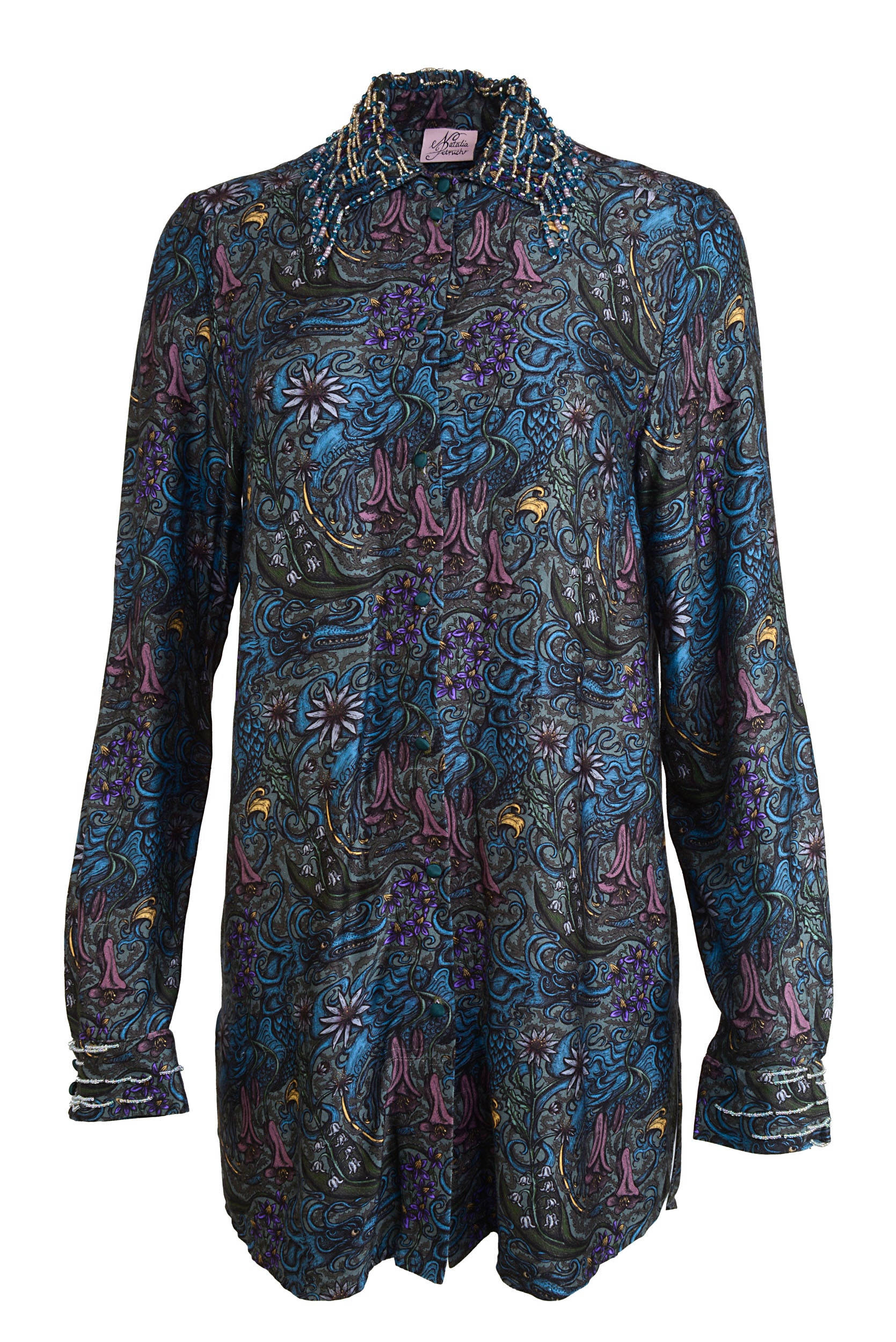 Natalia Petruch Women's Bronx Boyfriend Shirt With Collar Beads In Dragon Print