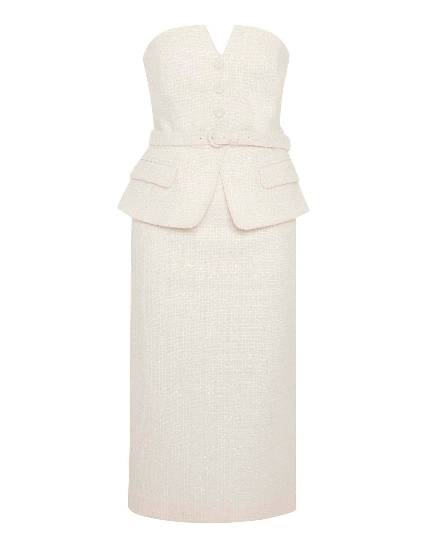 Theo The Label Melia Tweed Bustier Strapless Dress In White