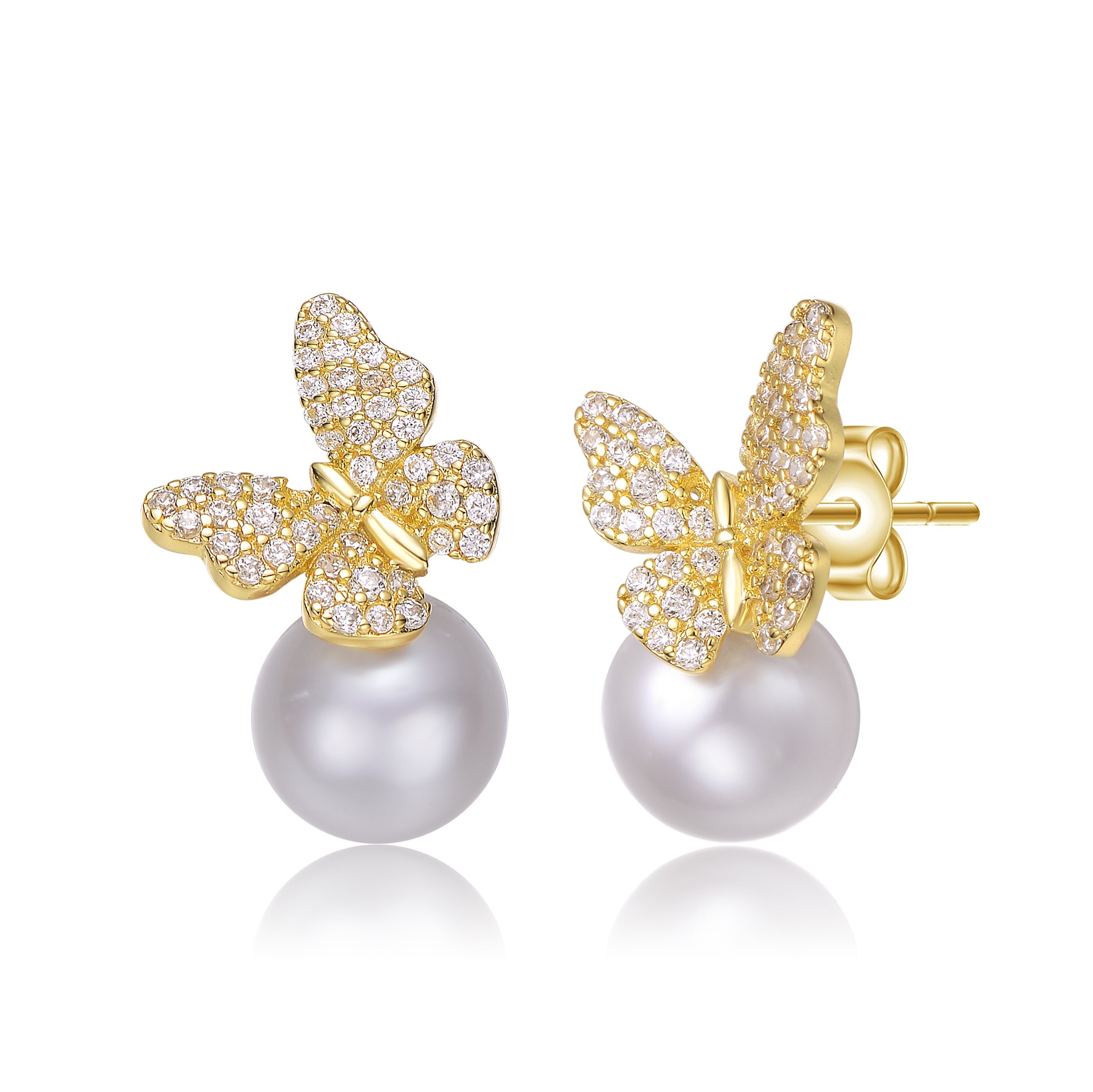 Women’s Gold / White Yellow Gold Plated With Pearl & Diamond Cubic Zirconia Butterfly Earrings In Sterling Silver Genevive Jewelry