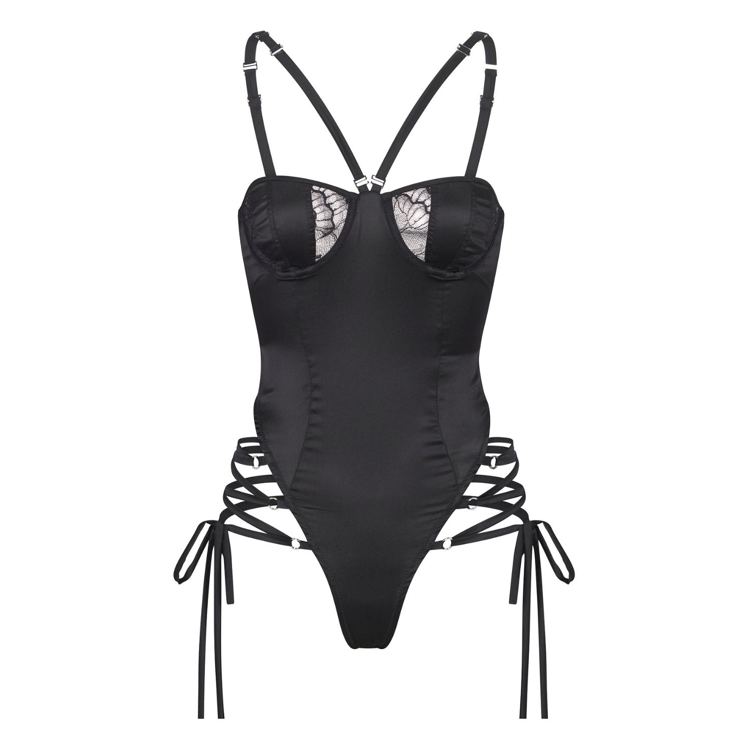 Lunatic Femme Women's Champagne Room Lace-up Black Silk Bodysuit In Black