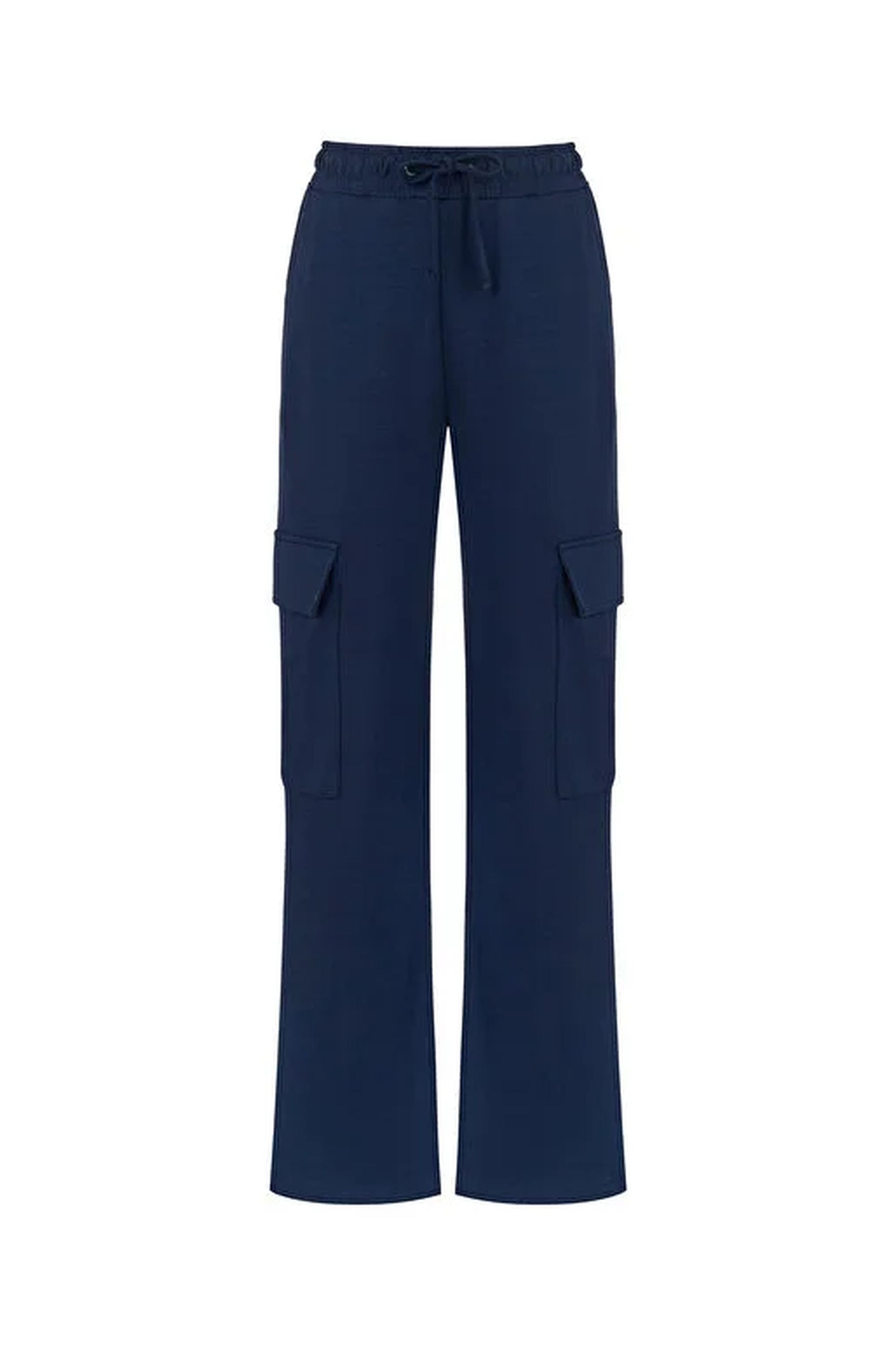 Nocturne Women's Blue Cargo Pants With Elastic Waistband-navy