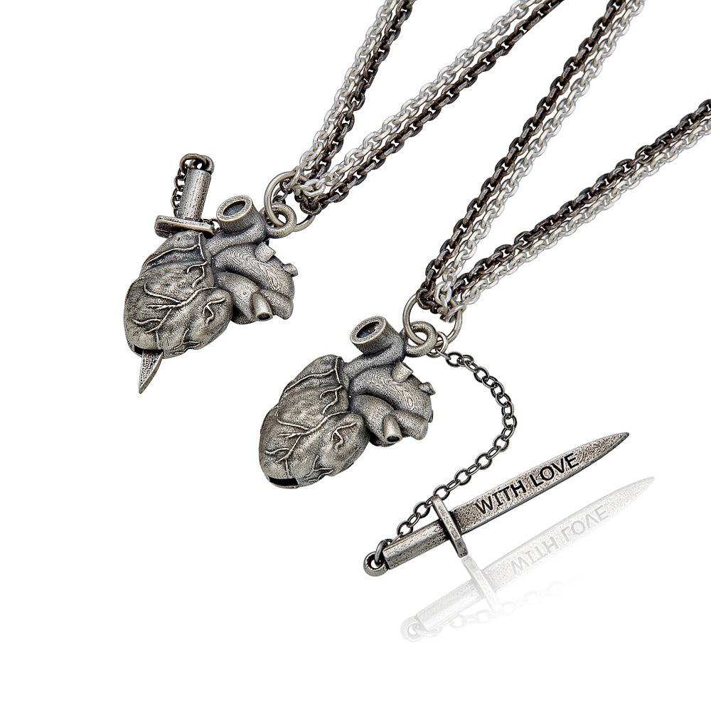 Cartography Men's With Love Dagger In Heart - Anatomical Heart Necklace In Sterling Silver