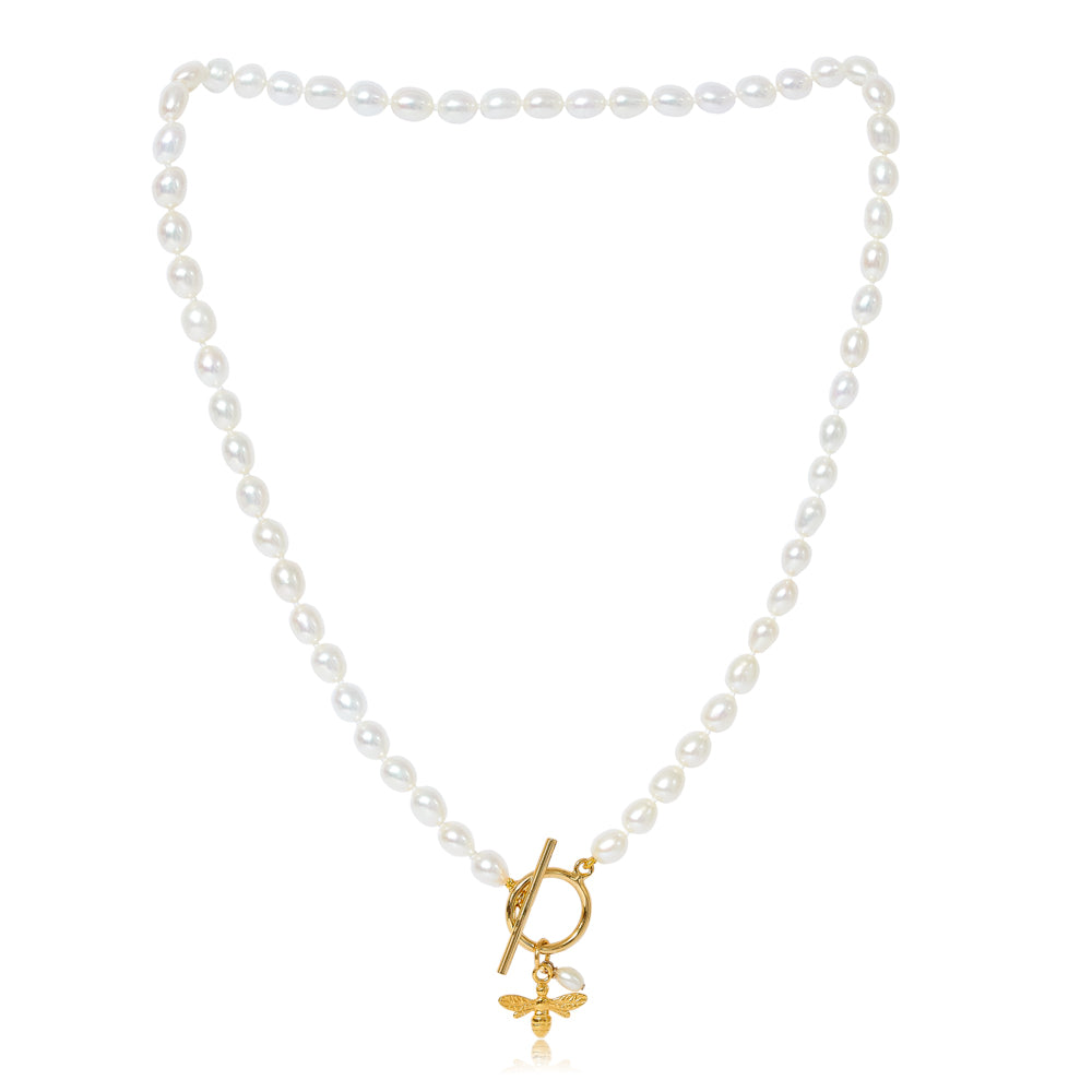 Pearls Of The Orient Online Women's Gold / White Vita Cultured Freshwater Pearl Necklace With Gold Bumble Bee In Multi