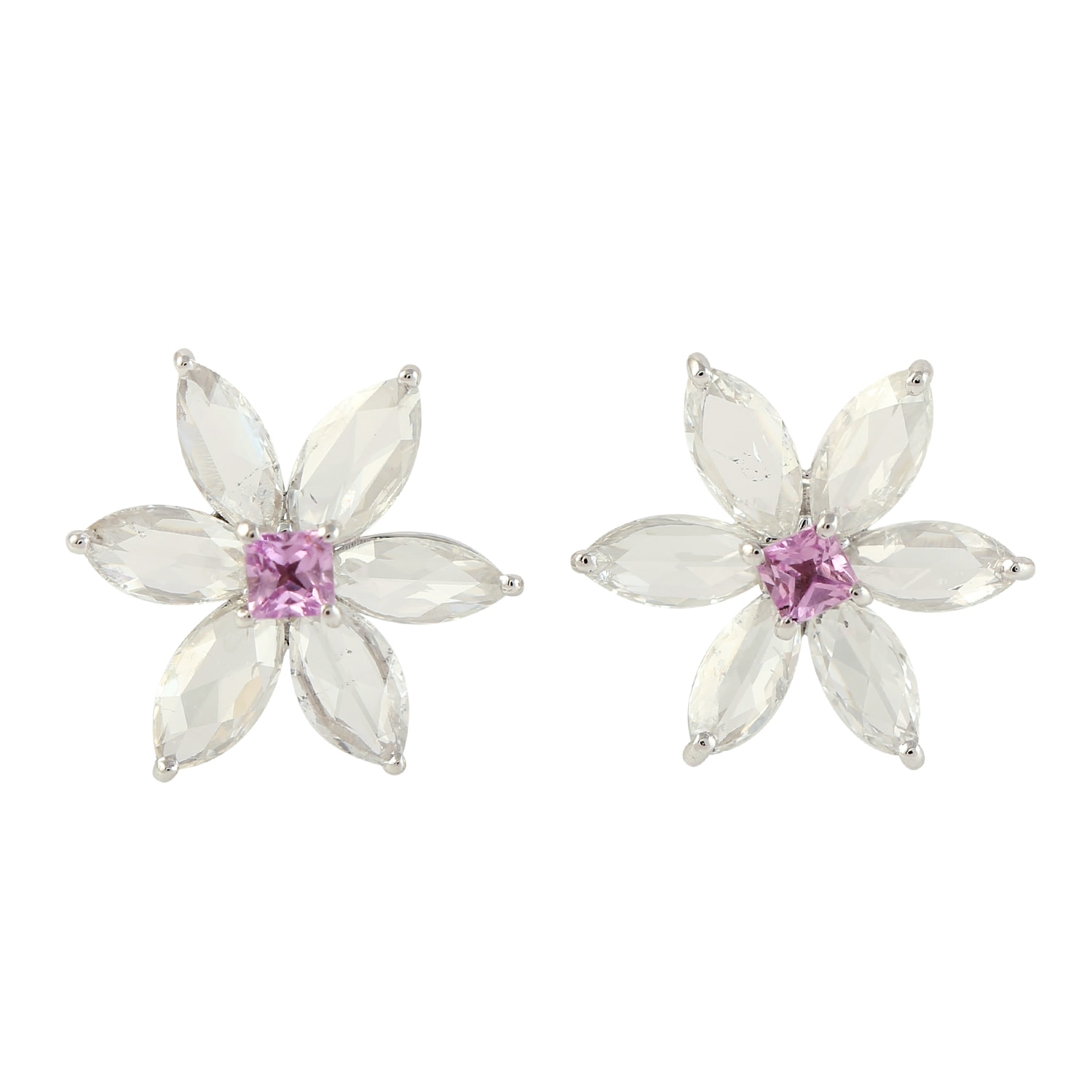 Artisan Women's White / Pink 18k White Gold In Marquise Cut Diamond & Sapphire Flower Earrings In White