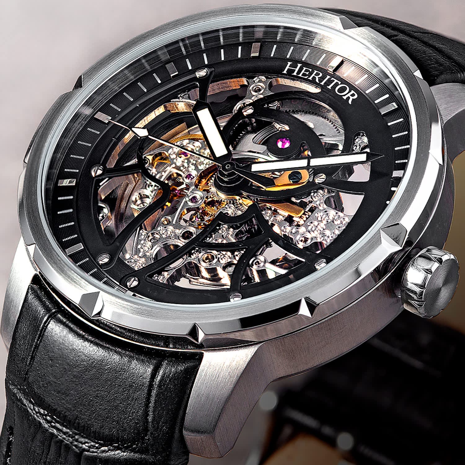 Ryder Leather Band Skeleton Watch Black Silver by Heritor Automatic