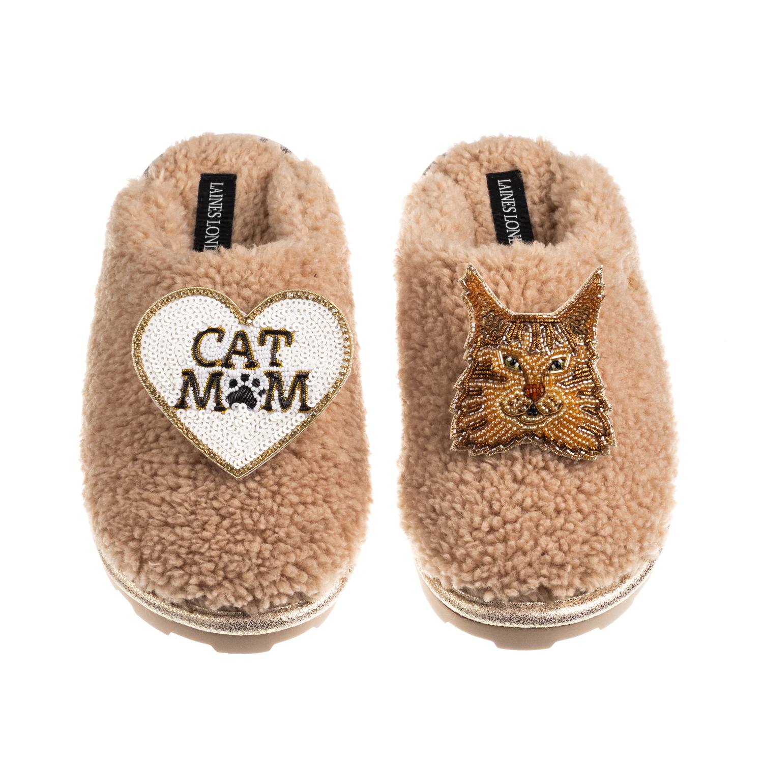 Laines London Women's Brown / Neutrals Teddy Closed Toe Slippers With Cat Mum/mom & Maine Coon Cat Brooches - Toff In Brown