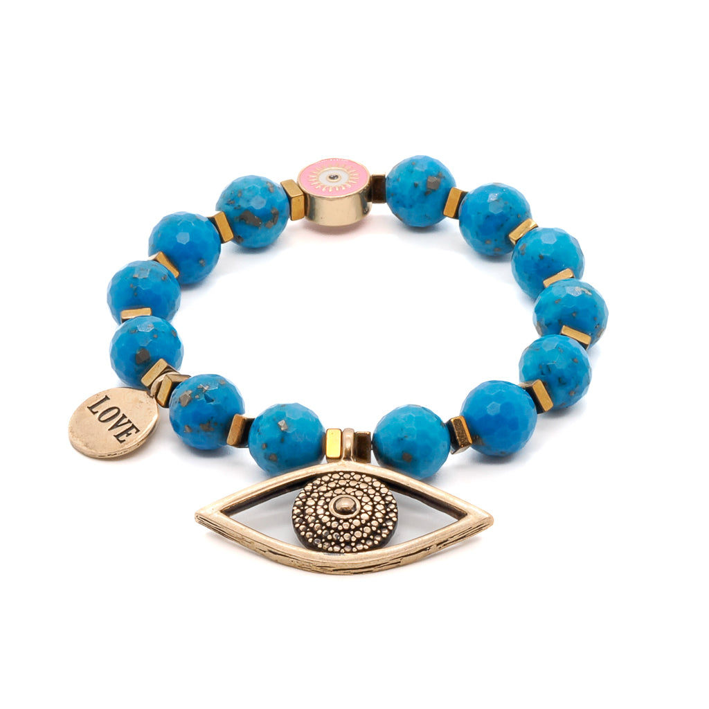 Women’s Gold / Blue Turquoise Stone Evil Eye Charm Beaded Love Bracelet - Blue Ebru Jewelry