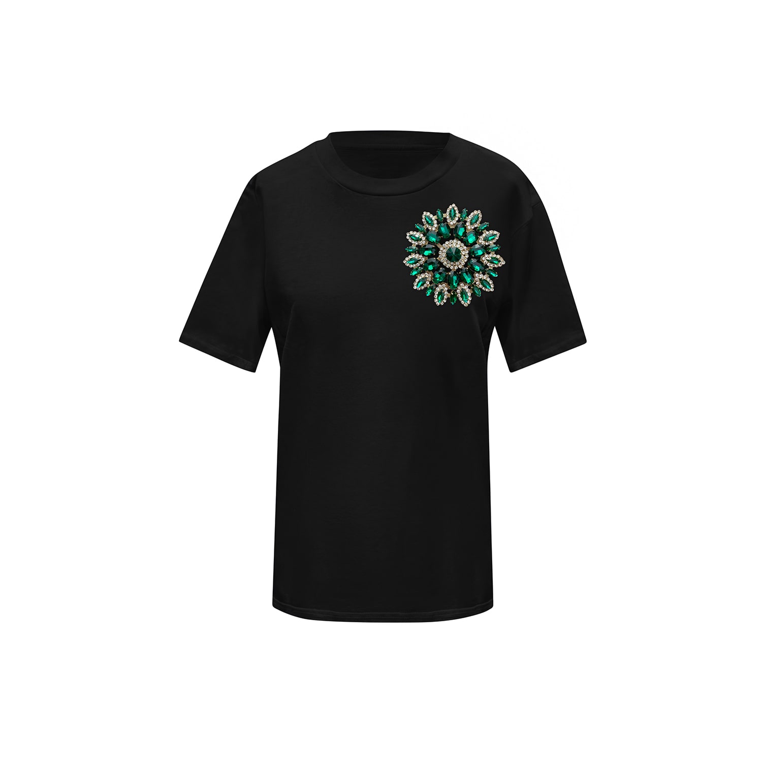 Toma Women's Green / Black Flower Summer Black Cotton T-shirt With Green Swarovski Crystals In Multi