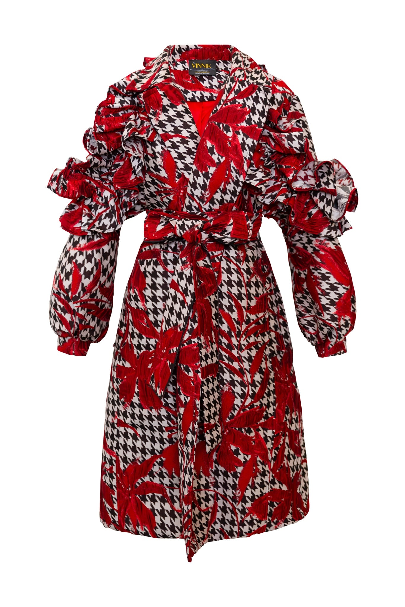 Byvinnik Women's Black / White / Red Ruffle Trench Coat In Piqué Houndstooth In Multi