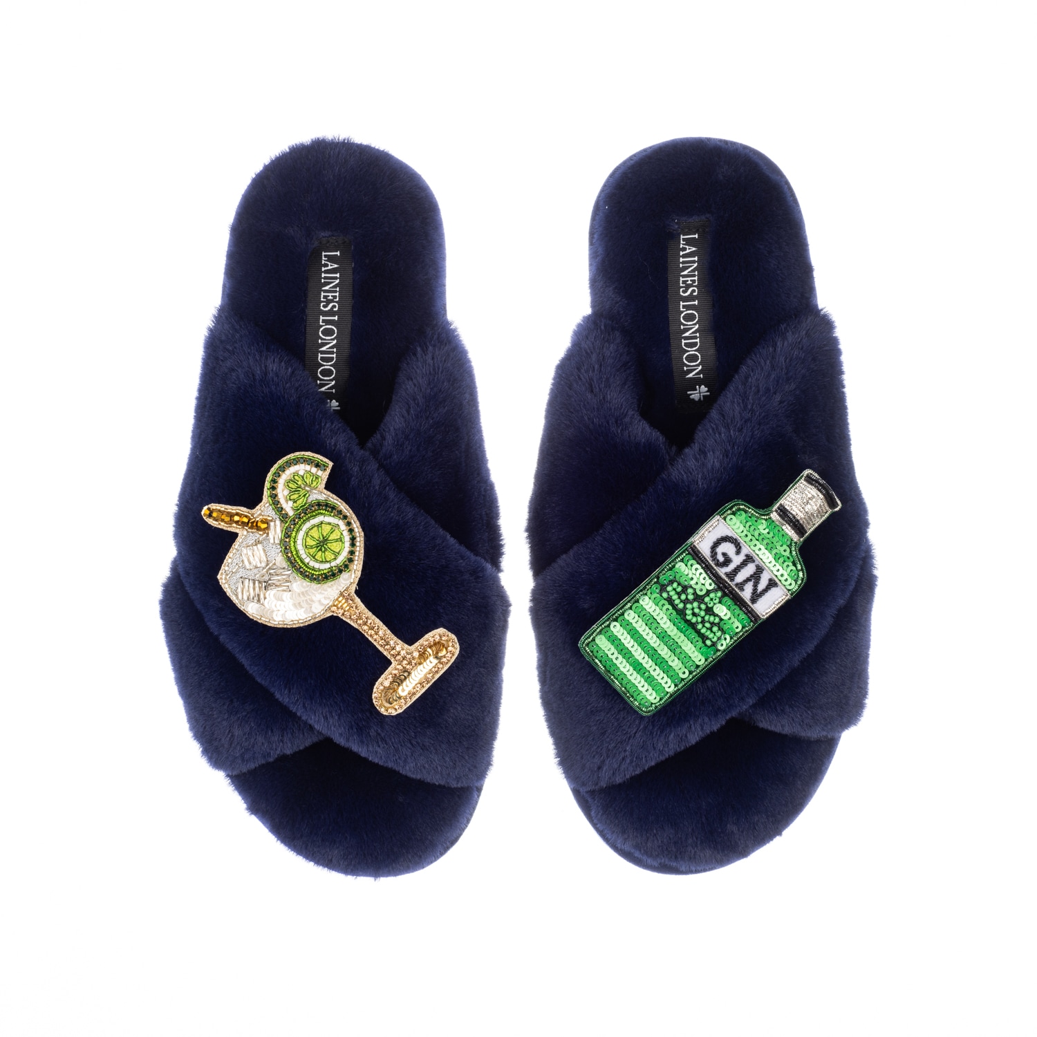 Laines London Women's Blue Classic Laines Slippers With Original Gin & Glass Brooches - Navy In Blue