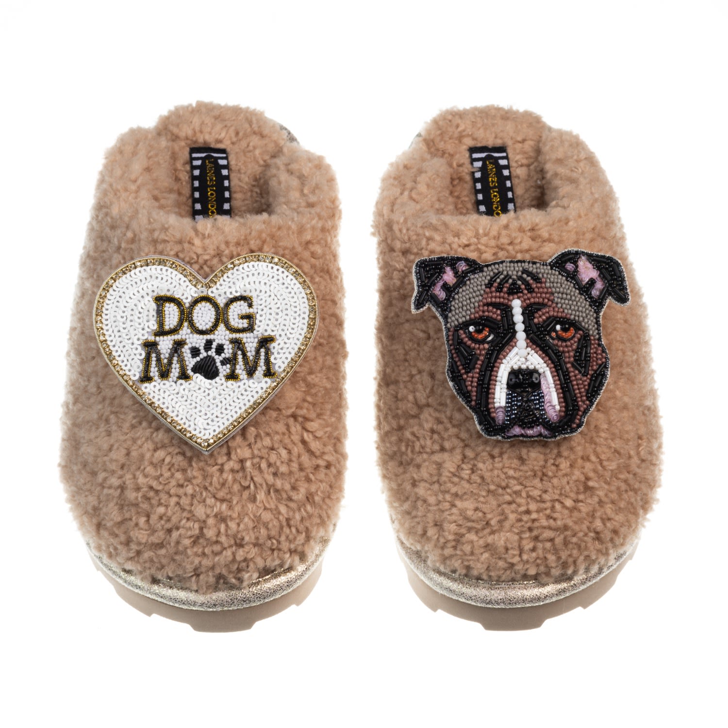 Women’s Brown Teddy Closed Toe Slippers With Luna-Rose The Staffy & Dog Mum / Mom Brooches - Toffee Small Laines London