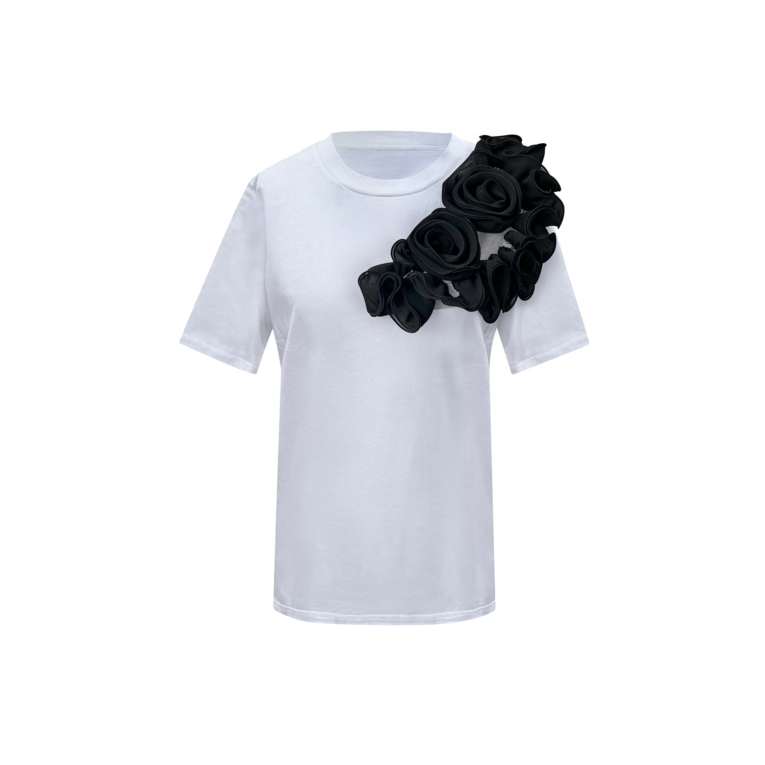 Toma Women's Flower Summer White Cotton T-shirt With Black Side Flowers