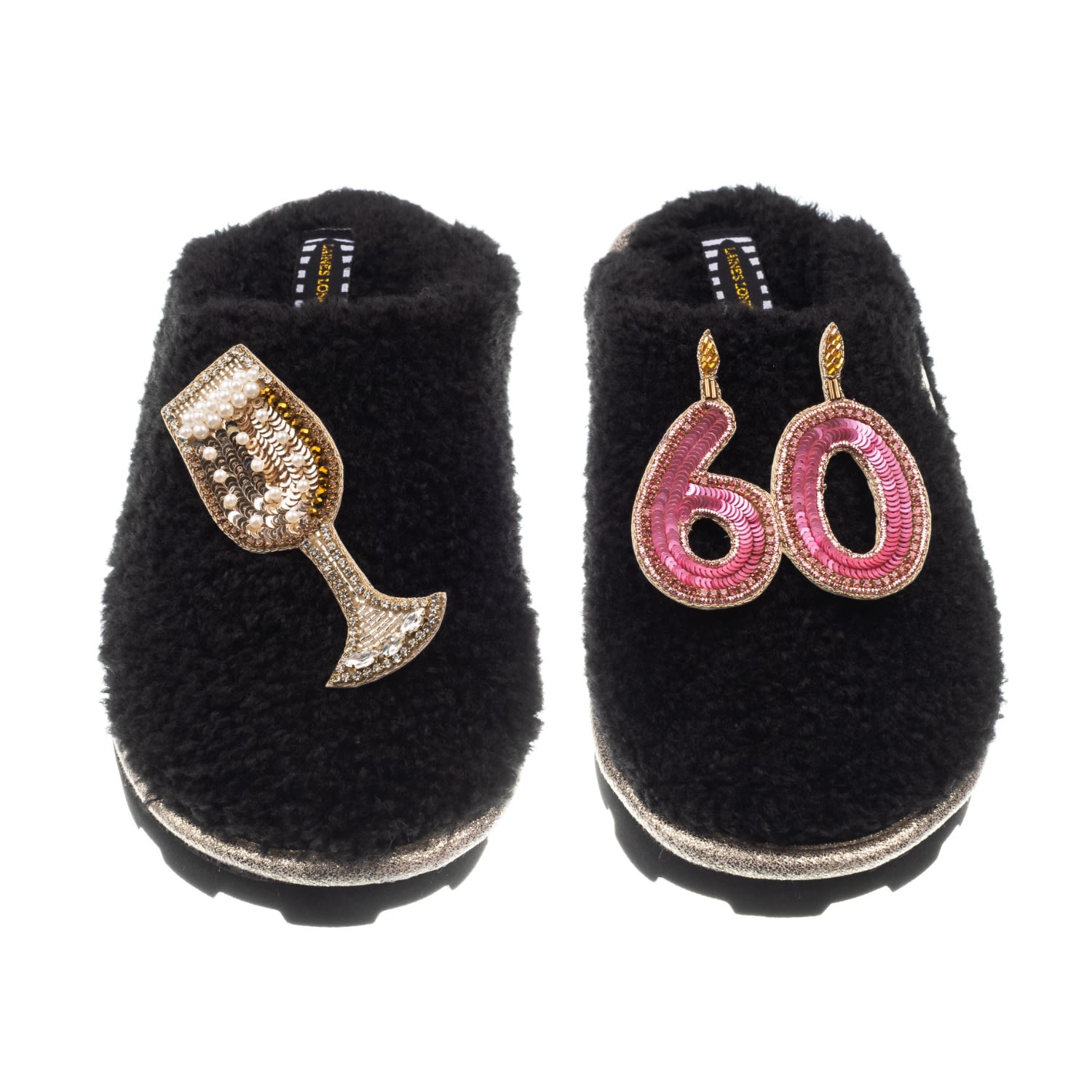 Laines London Women's Teddy Closed Toe Slippers With 60th Birthday & Champagne Glass Brooches - Black In Black