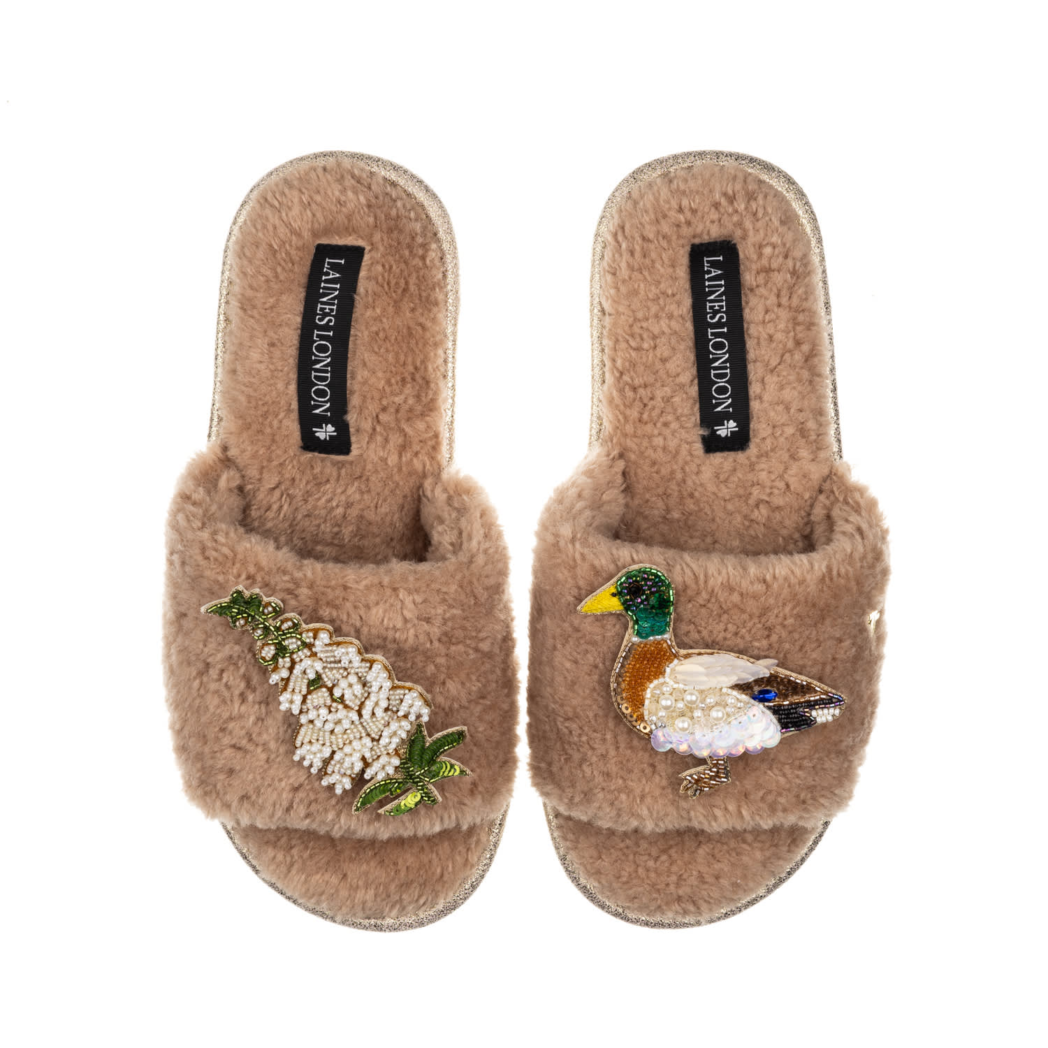 Laines London Women's Brown Teddy Toweling Slipper Sliders With White Foxglove Flowers & Duck Brooches - Toffee In Brown