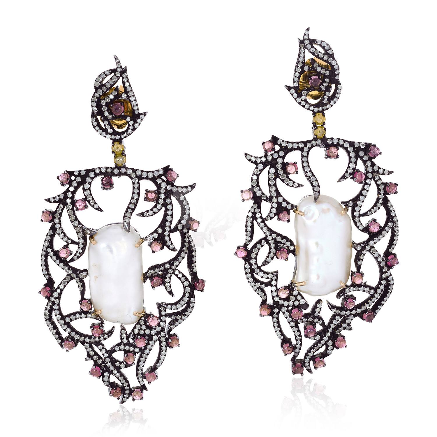 Artisan Women's White / Pink Oval-cut Pearl & Pink Tourmaline Leaf Earrings In 18kt White Gold & Sterling Si In Multi