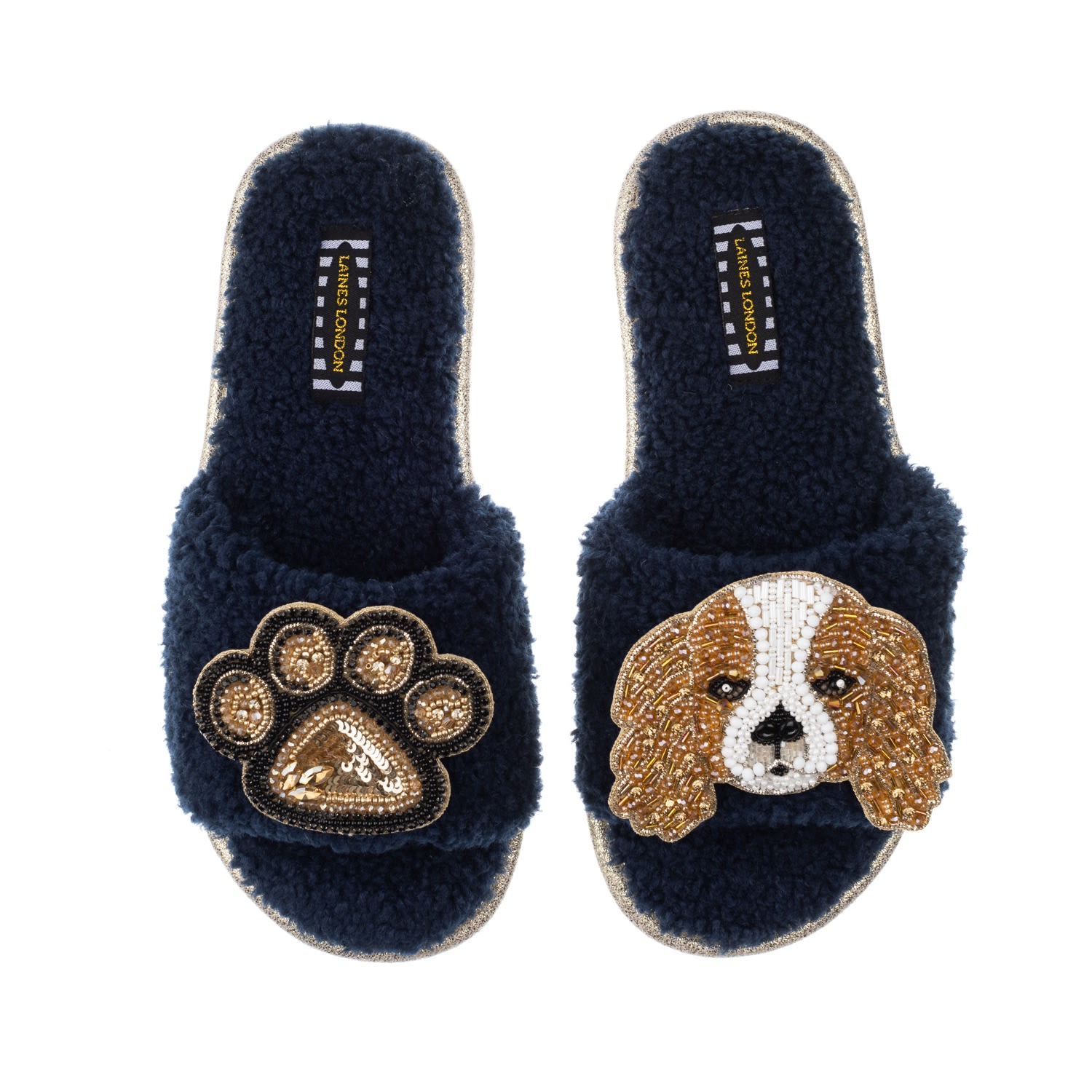 Blue Teddy Towelling Slipper Sliders With Lady Spaniel & Paw Brooches - Navy Small Laines London