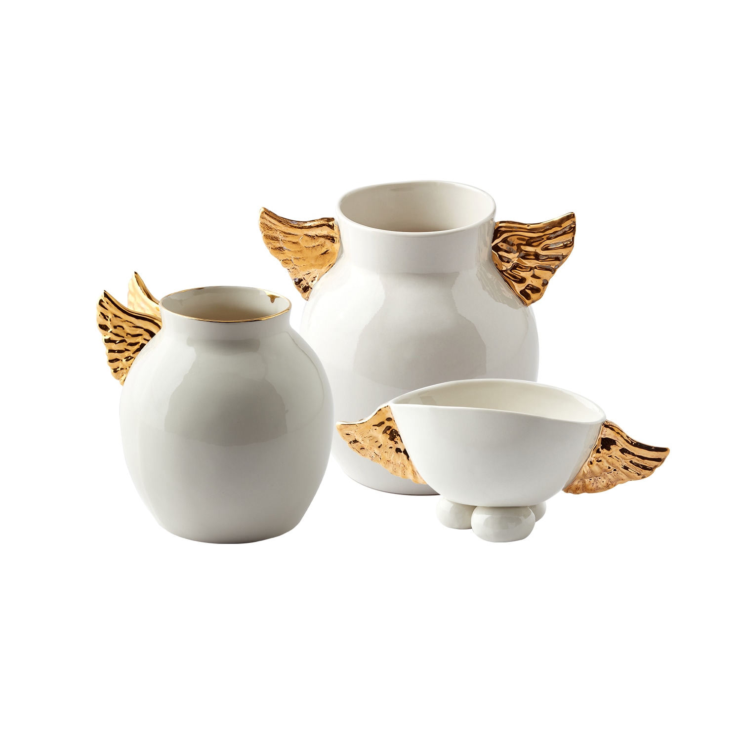 Maji Atelier Neutrals / Gold Gold Winged Vase & Bird Vase & Winged Bowl Porcelain Set In White