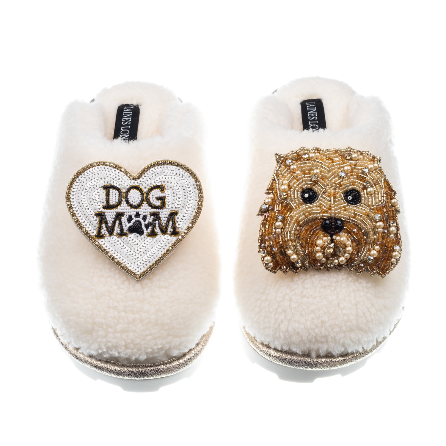 Laines London Women's White Teddy Closed Toe Slippers With Enki Doo & Dog Mum / Mom Brooches - Cream In White