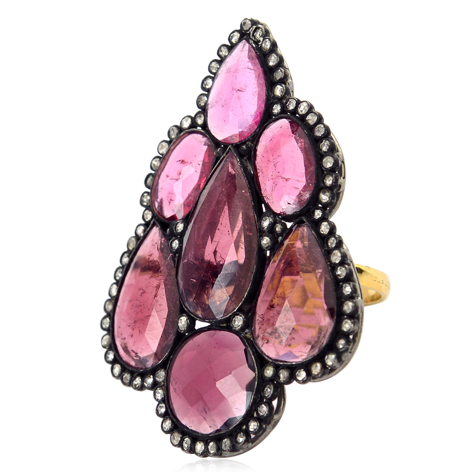 Women’s Grey / Pink / Purple Tourmaline Diamond 14K Gold 925 Sterling Silver Long Ring Artisan