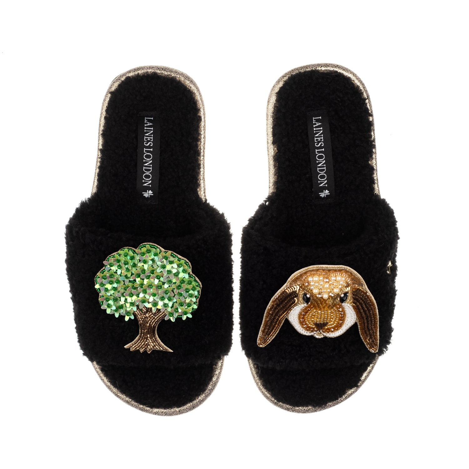 Laines London Women's Teddy Toweling Slipper Sliders With Bunny & Oak Tree Brooches - Black In Black