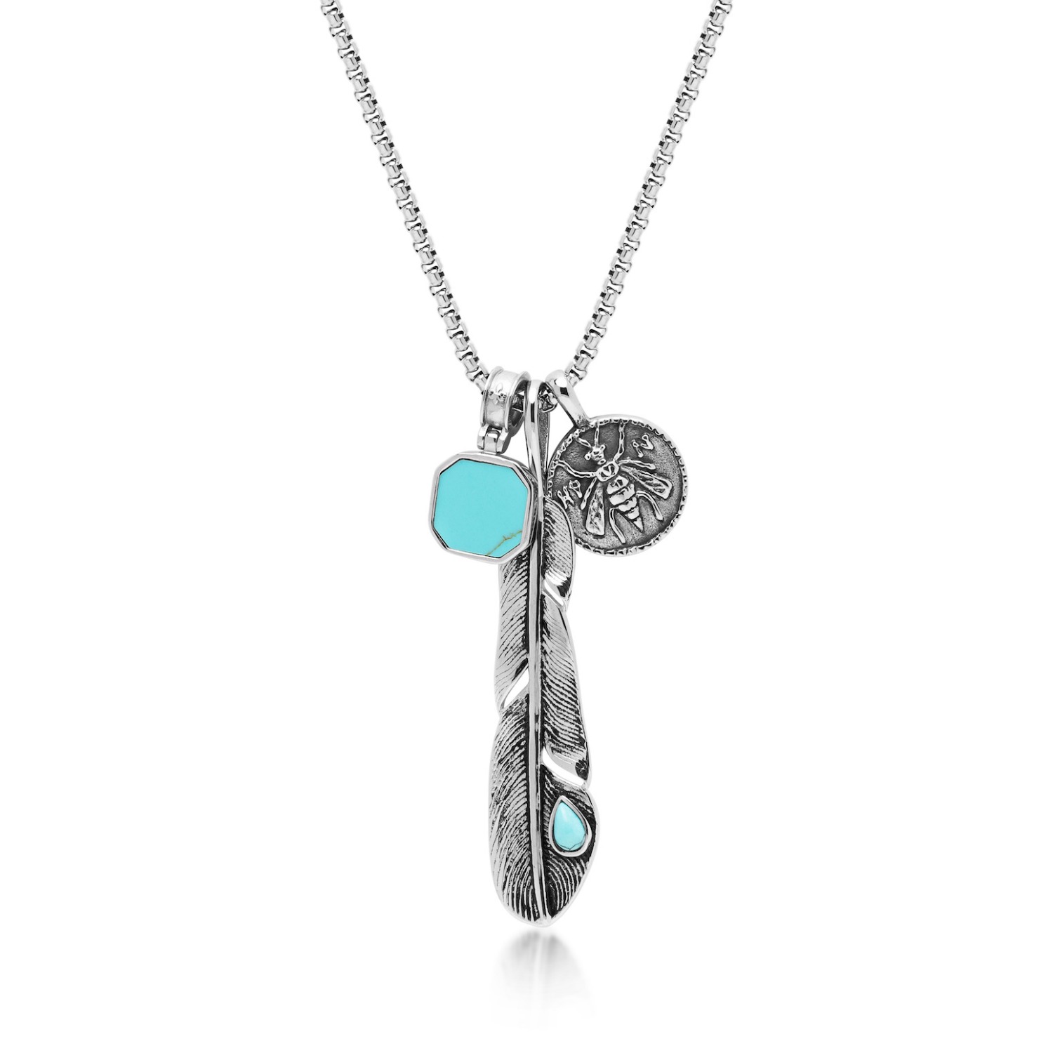 Mens Silver Talisman Necklace With Large Feather, Turquoise