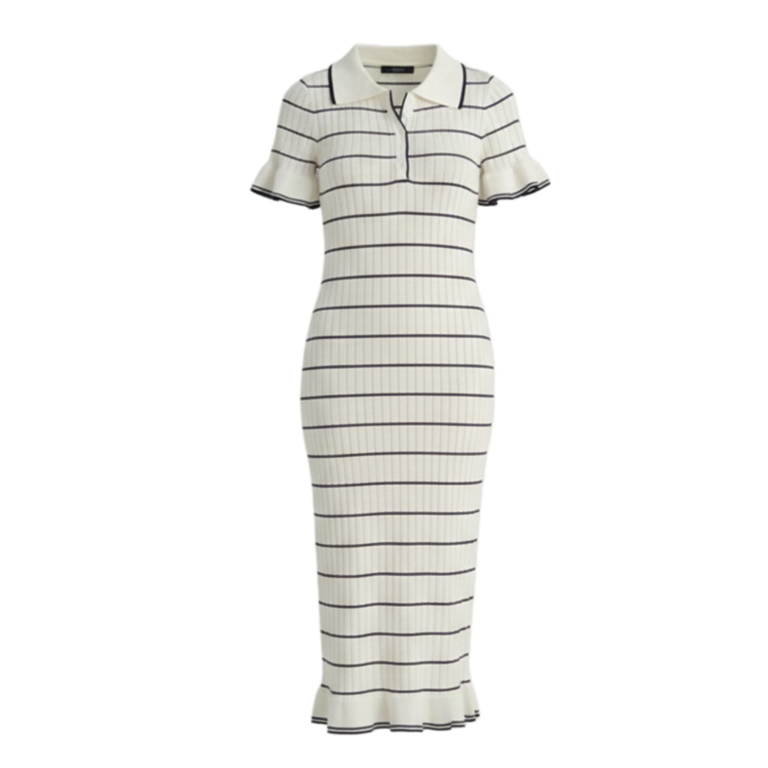Cy Boutique Women's Knitted Maxi Dress With Polo Neck In Short Sleeves White Colour In Neutral