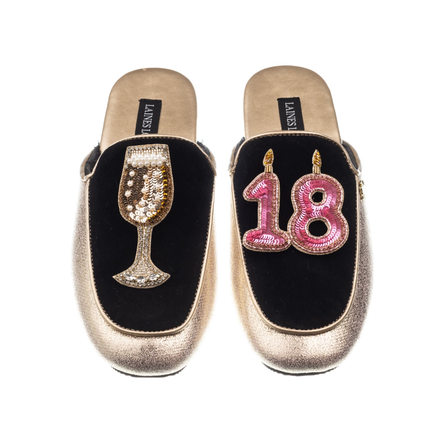 Laines London Women's Black / Gold Classic Mules With 18th Birthday & Glass Of Champagne Brooches - Black & Gold In Multi