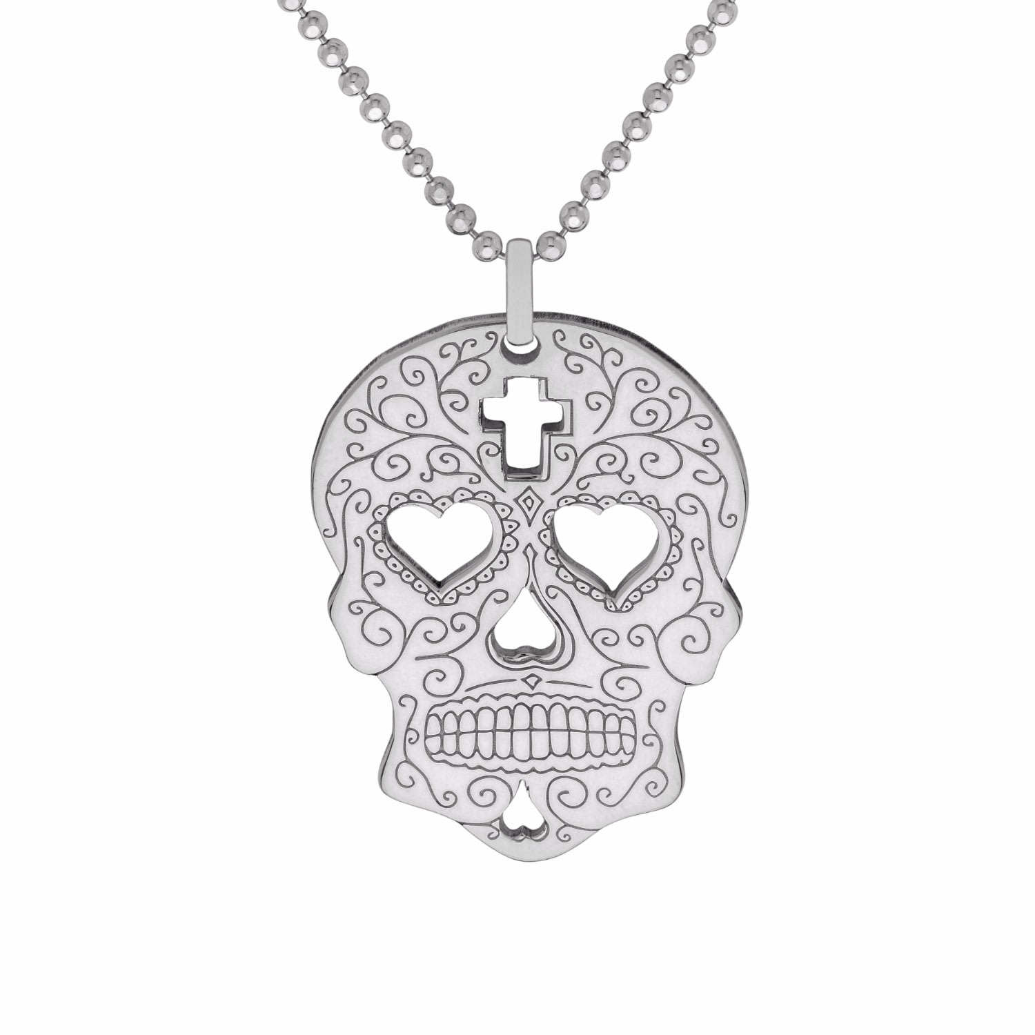 Women’s Medium Silver Sugar Skull With Heart Eyes Pendant Necklace Cartergore