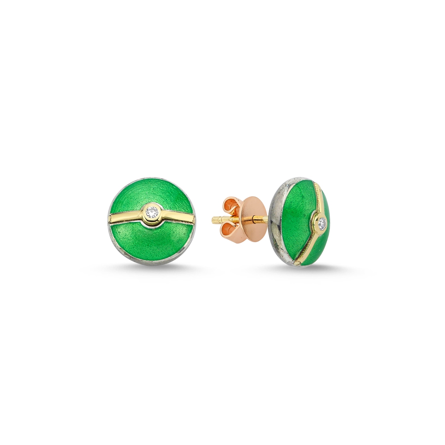 Ecce | Artisan Diamonds Women's Enamelled Mini Multi Diamond Buttons 14k Yellow Gold Earring - Green In Green