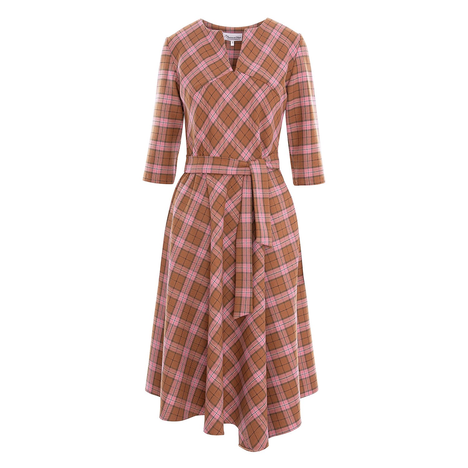 Couture De Marie Women's Brown / Pink / Purple Margot Asymmetric Flared Wool Checked Dress In Brown/pink/purple