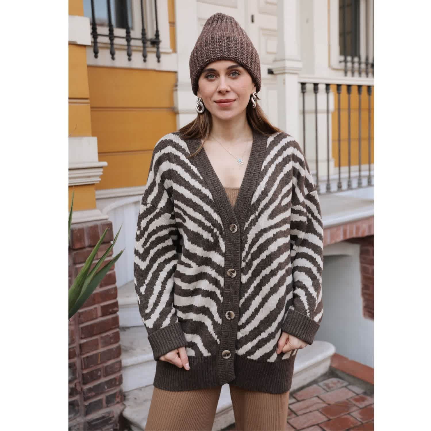 Zebra Pattern V-Neck Cardigan In Brown | Peraluna | Wolf & Badger