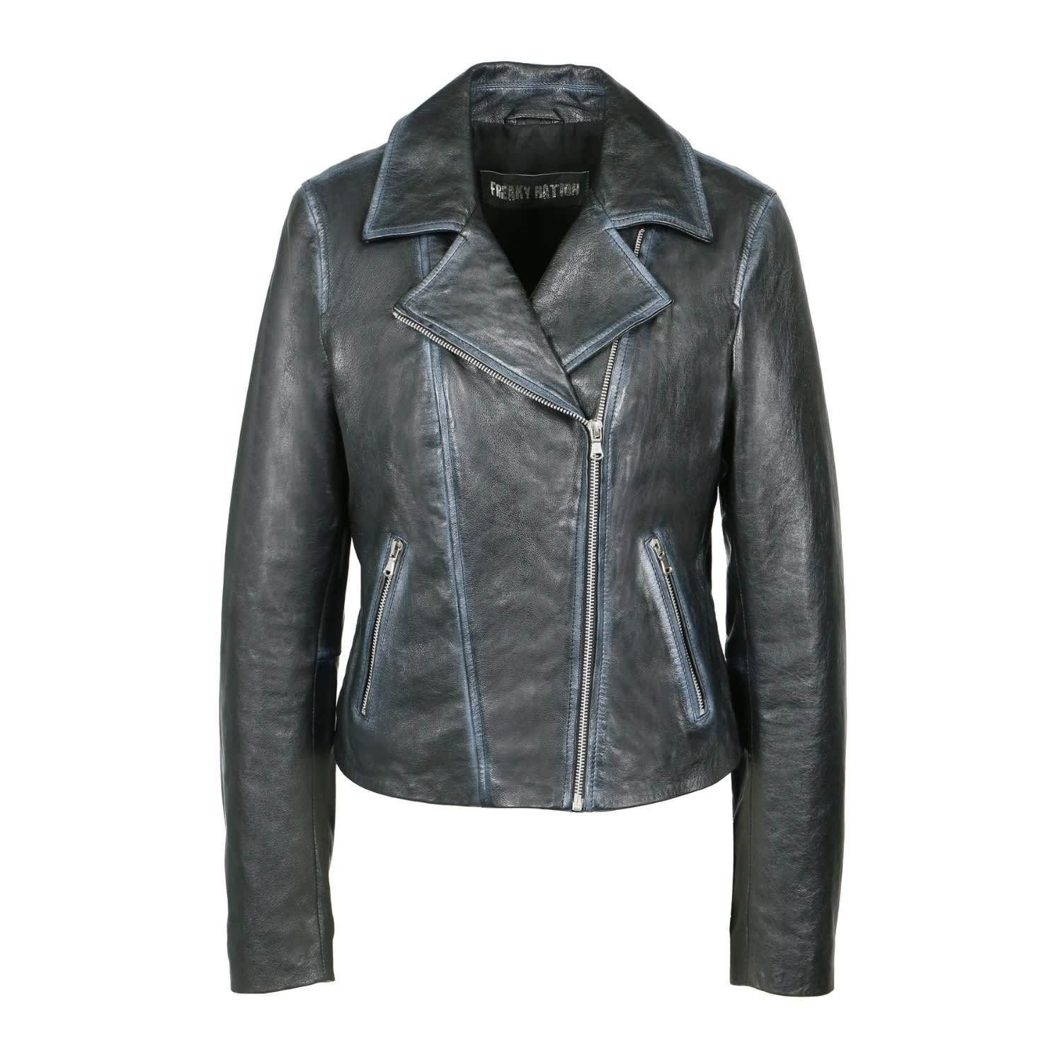 Women's Black Used Leather Biker Jacket Star | Large | Freaky Nation