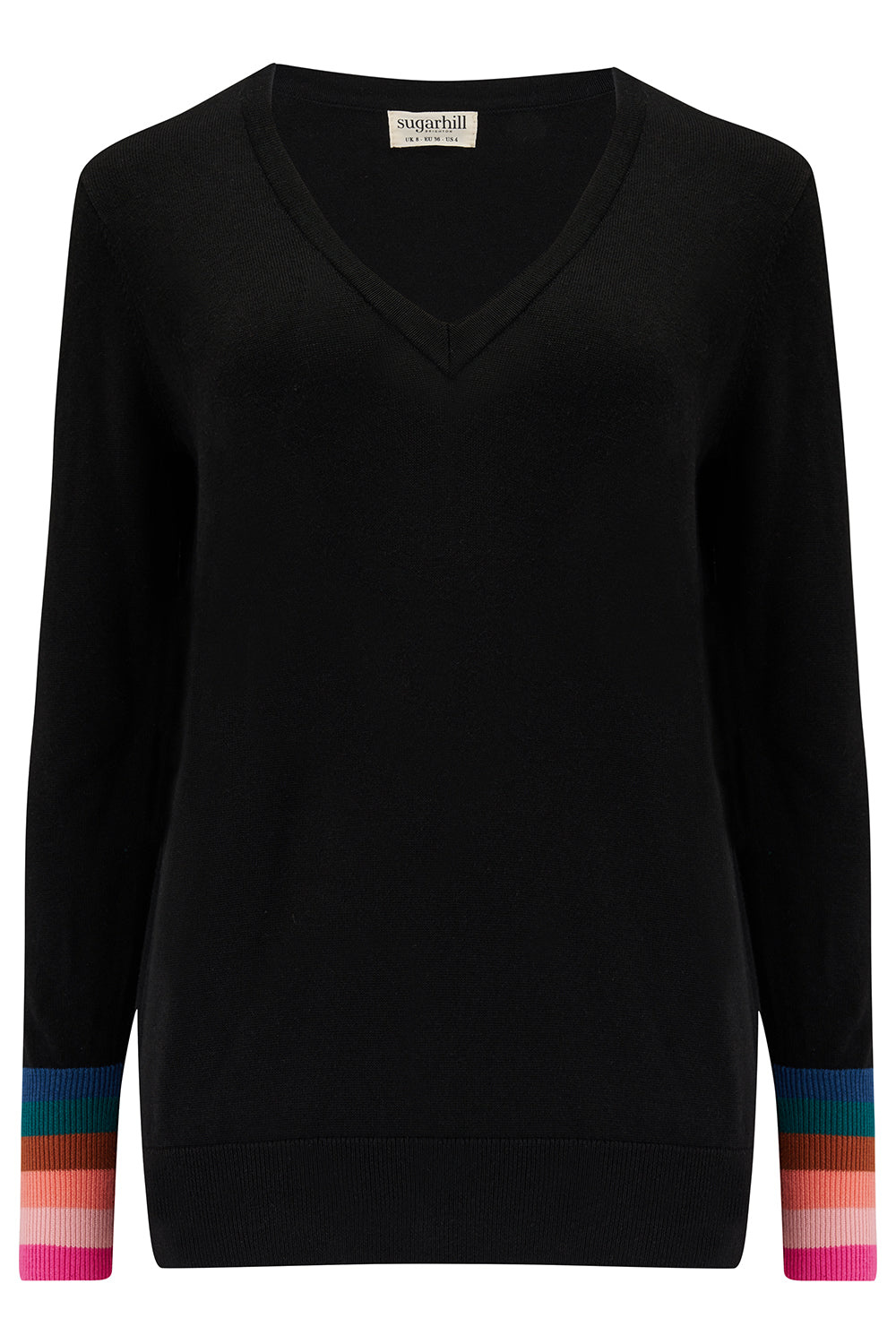 Sugarhill Brighton Women's Doris V Neck Sweater Black, Stripe Cuffs In Black