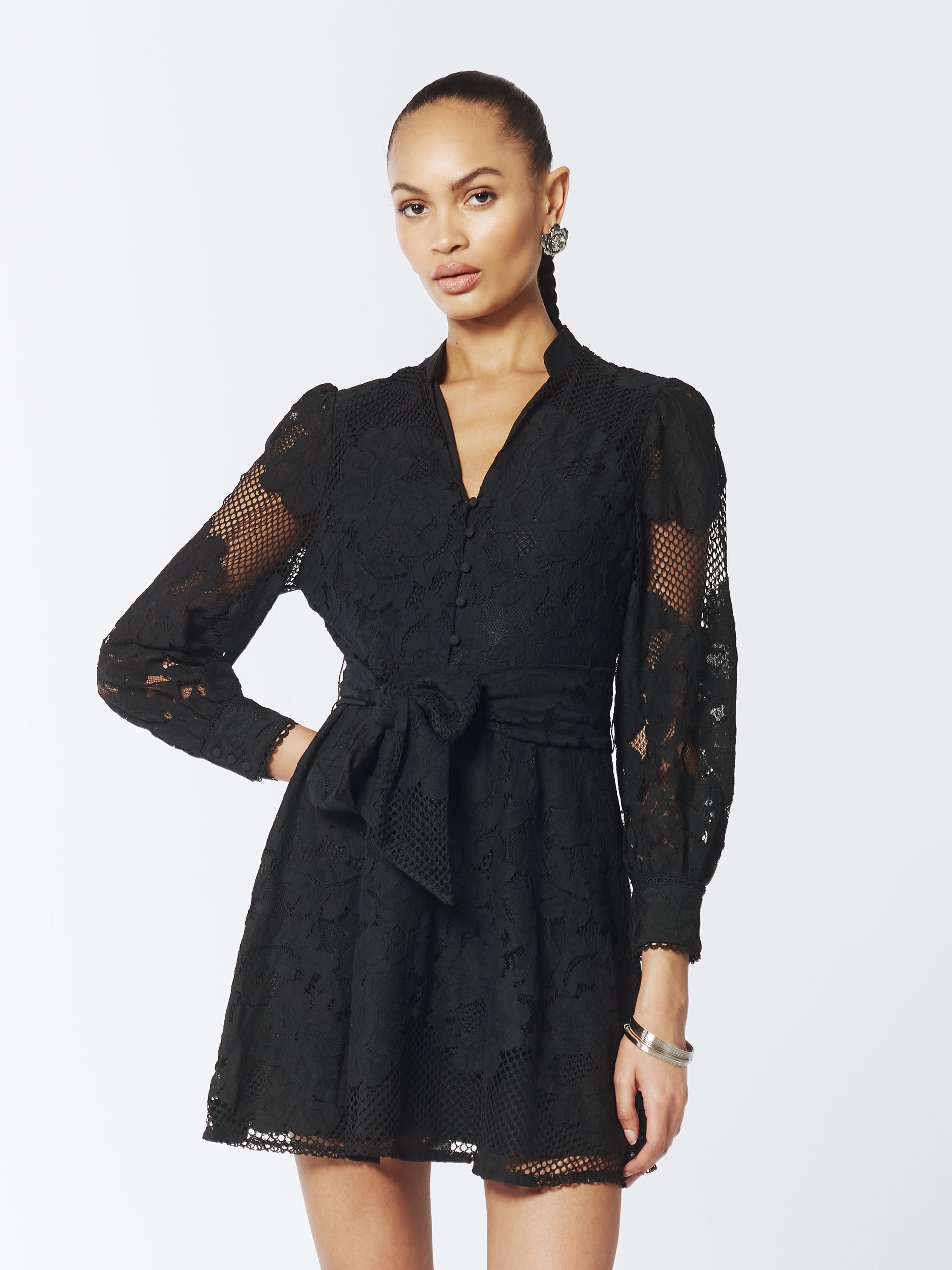 chinese dress ladies Cutout Lace Long Sleeve Mini Dress Black / M main image 1