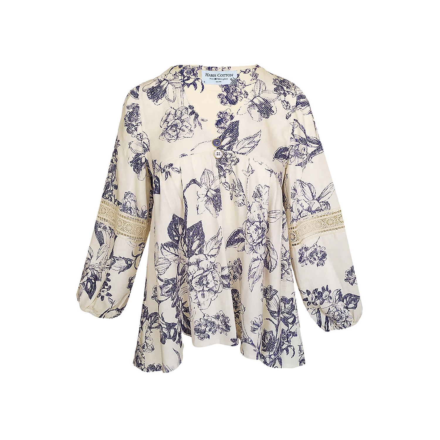 Women’s Printed Linen Blend Blouse With Ballon Sleeves And Lace - Blue Spring Extra Small Haris Cotton