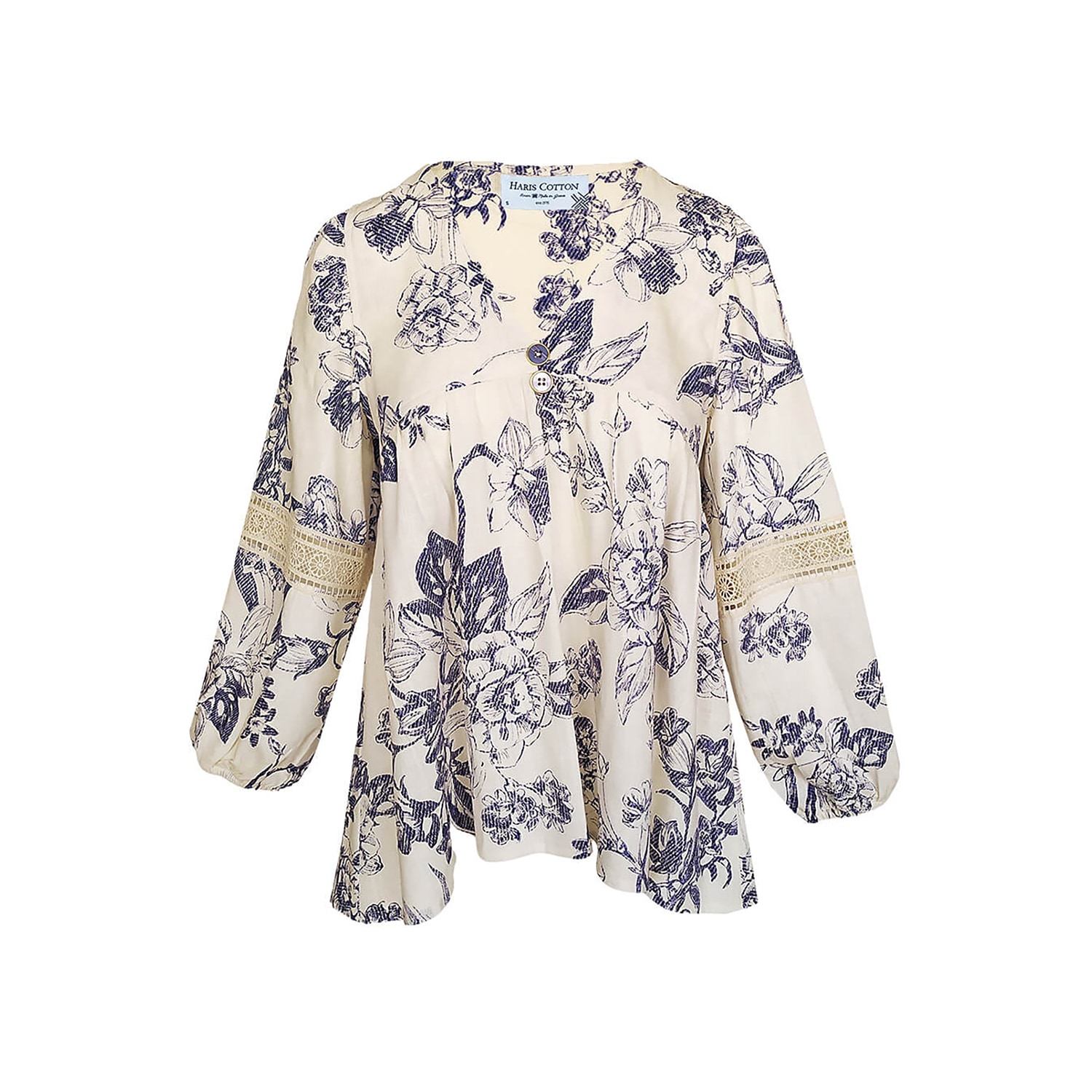 Haris Cotton Women's Printed Linen Blend Blouse With Ballon Sleeves And Lace - Blue Spring In Blue