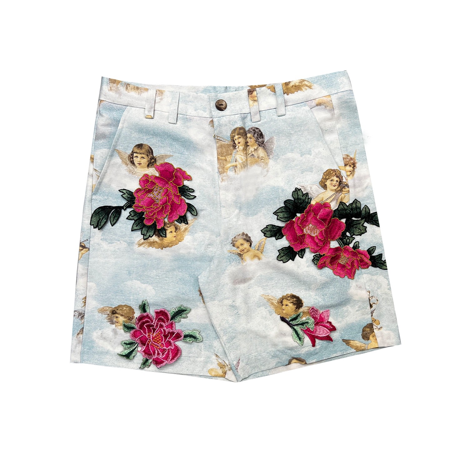 Quillattire Men's Blue Cupid Short With Red Floral Embroidery In Blue