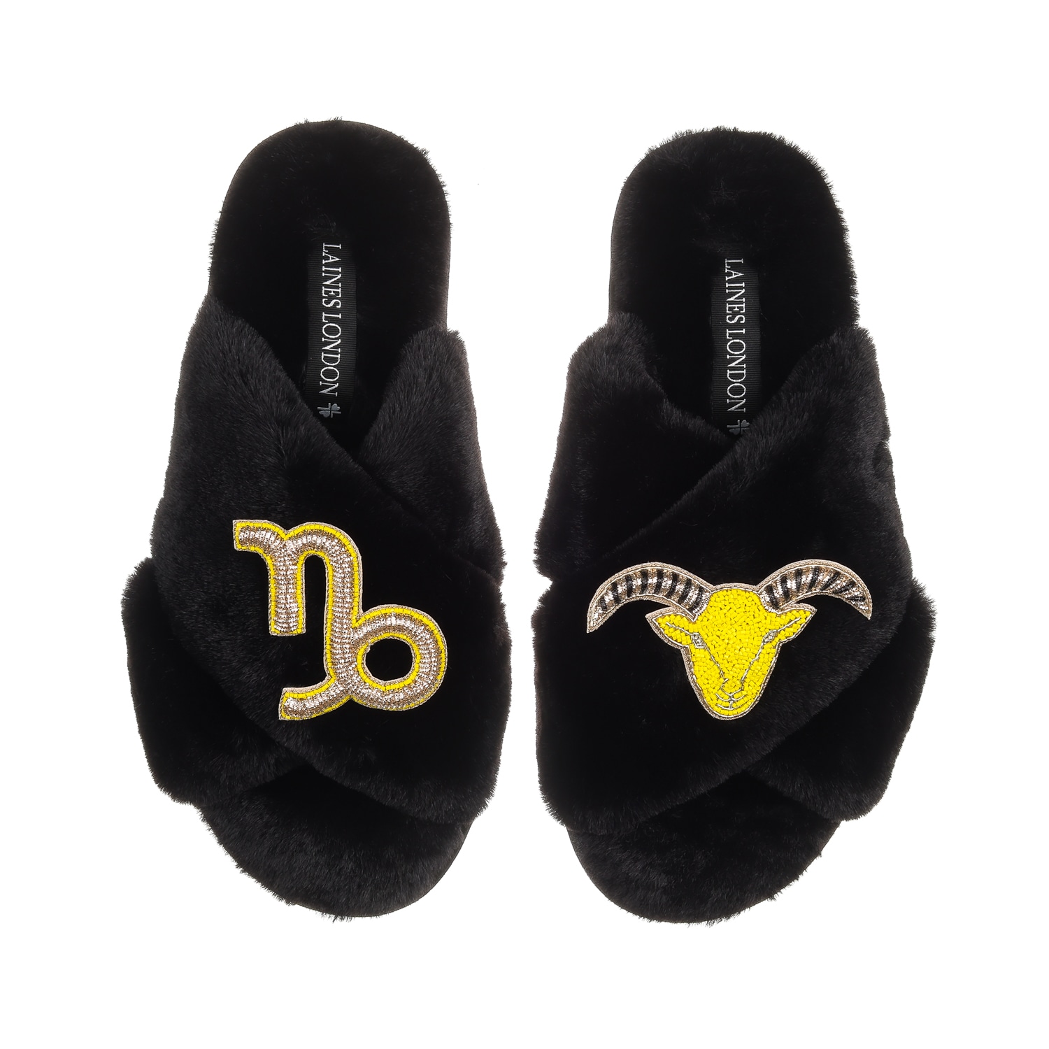 Laines London Women's Classic Laines Slippers With Capricorn Zodiac Brooches - Black