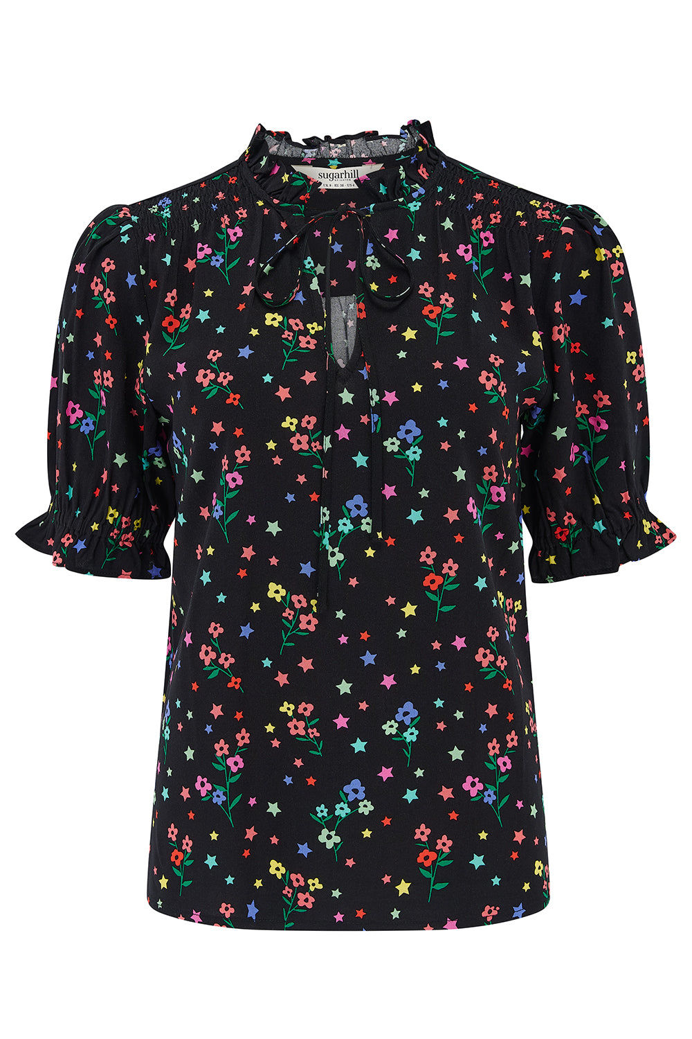 Sugarhill Brighton Women's Virginia Shirred Top Black Rainbow Sprigs