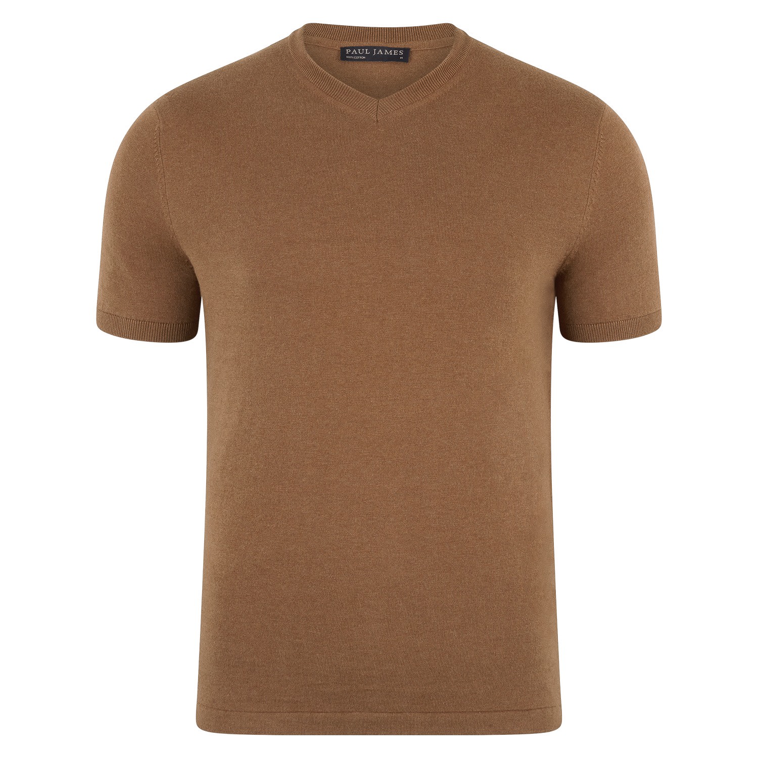 Paul James Knitwear Brown Mens Ultra Fine Cotton Hudson High V Neck Knitted T-shirt - Camel In Brown