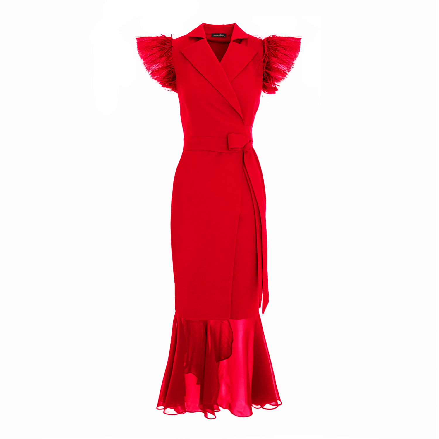 Concept A Trois Women's Long Red Blazer Wrap Dress With Tulle And Soft Veil In Red