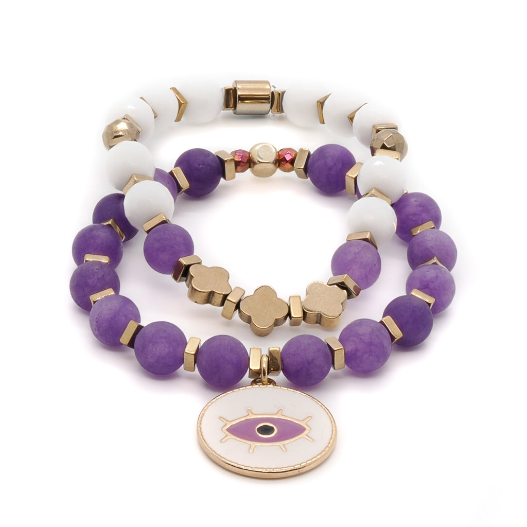 Ebru Jewelry Women's Gold / Pink / Purple Purple Romantic Bracelet Set