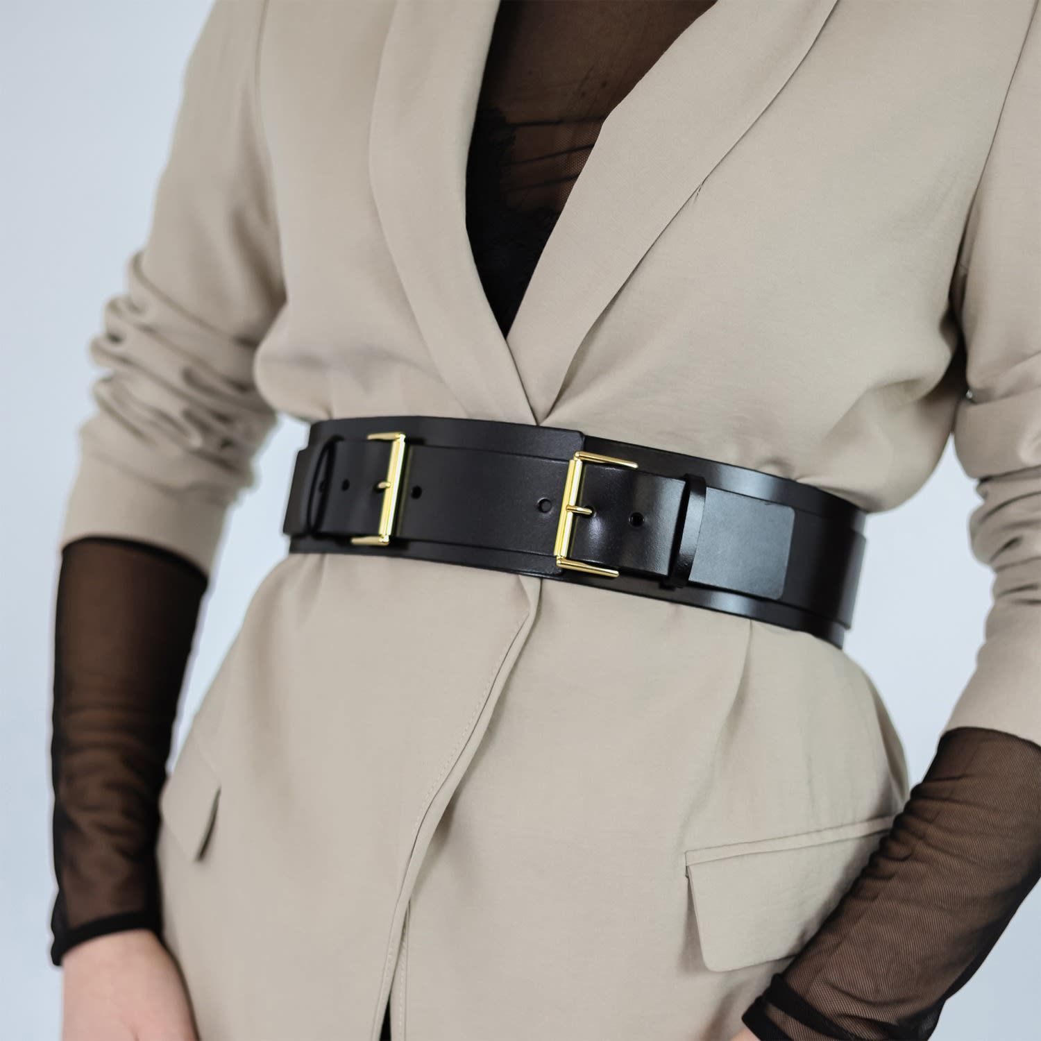 Black Double Buckle Wide Belt Haute Cuir Wolf Badger