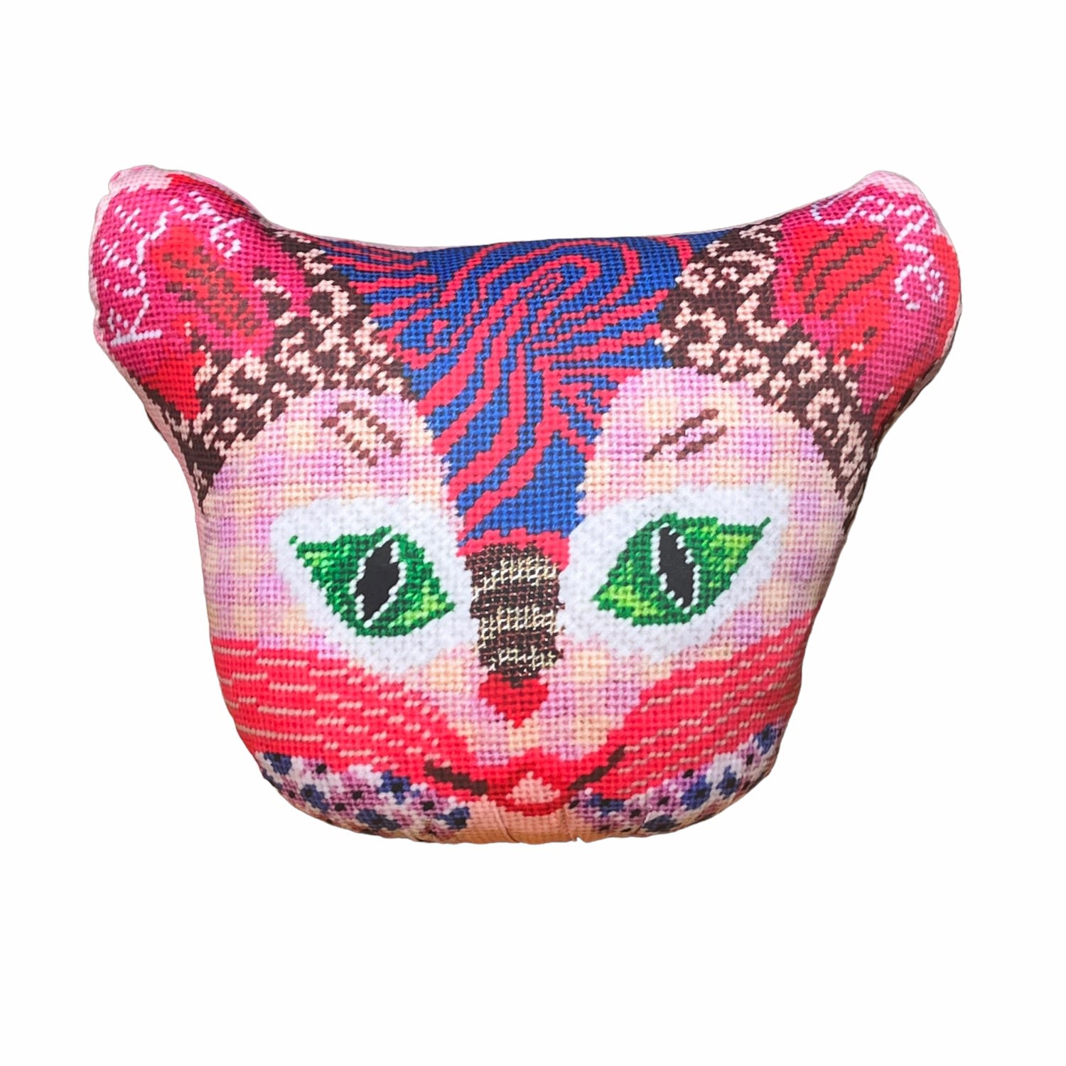 Pink / Purple Organic Cotton Sateen Large "Kitty Love" Sculpted Cat Pillow Mommani Threads