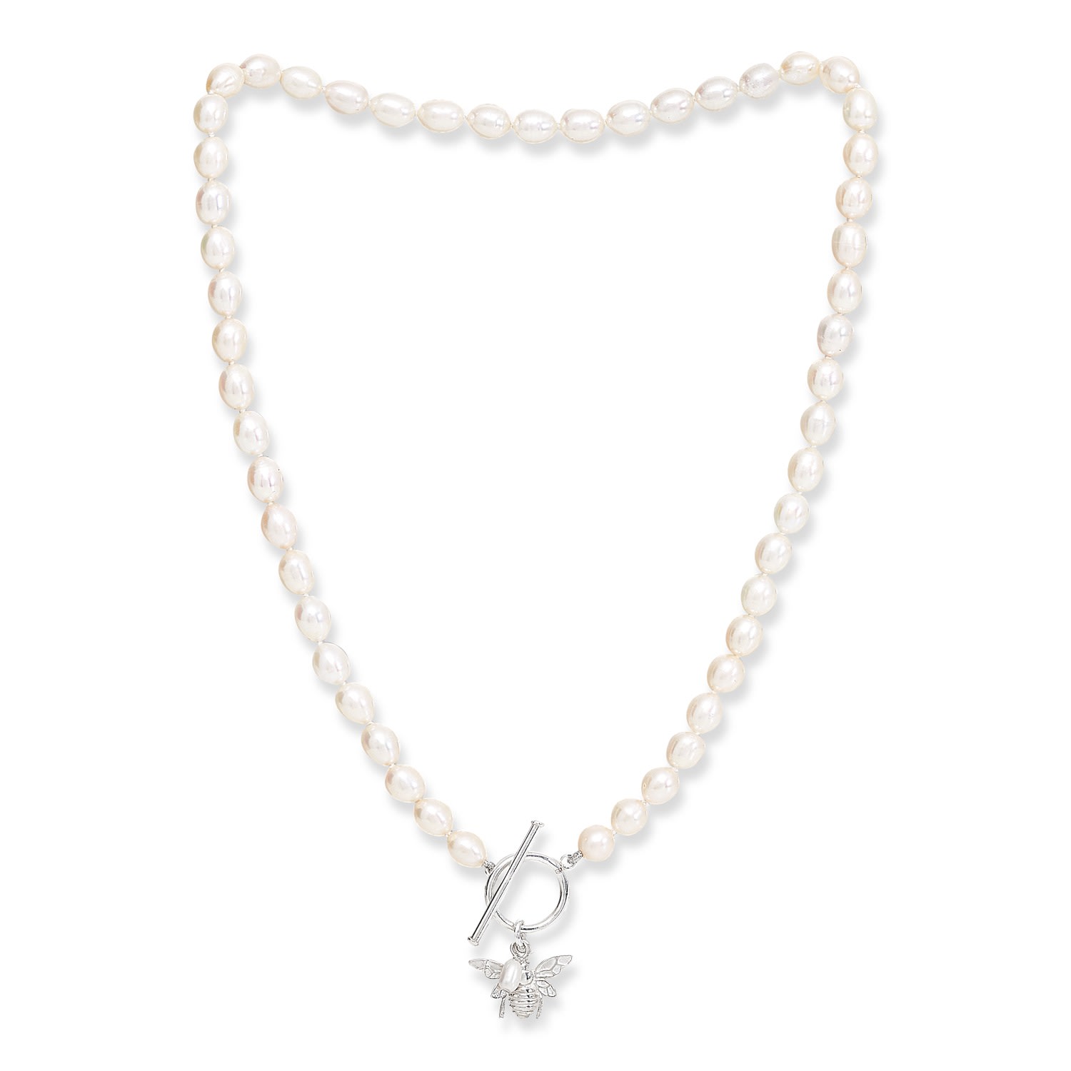 Pearls Of The Orient Online Women's Silver / White Vita Cultured Freshwater Pearls Necklace With Silver Bumble Bee In Multi
