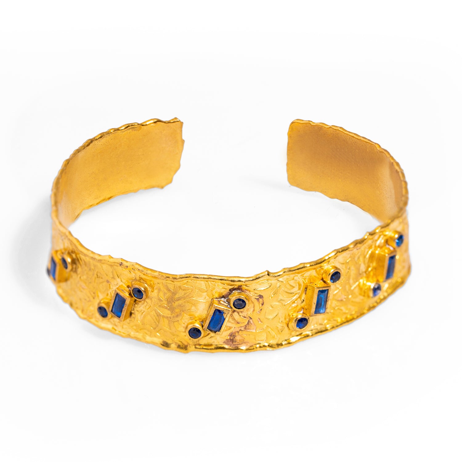 Ebru Jewelry Women's Gold / Blue Geometric Sapphires & Gold Design Cuff Bracelet - Blue