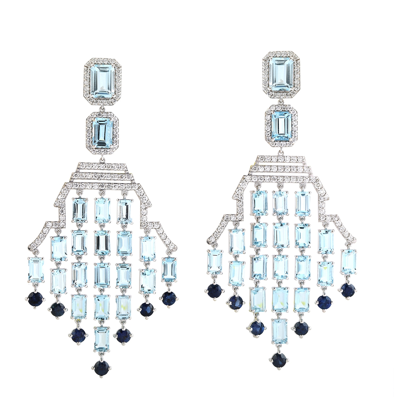 Women’s White / Blue A Pair Of Baguette Aquamarine & Sapphire With Pave Diamond In 18K White Gold Chandelier Earrings Artisan